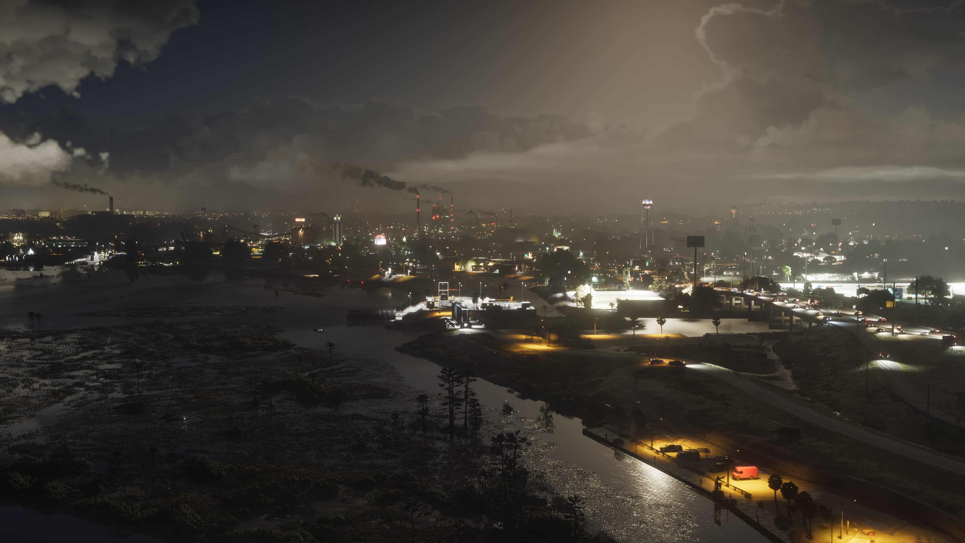 Ambrosia’s industrial skyline glowing at night — Ambrosia, GTA 6 Industrial heartland
