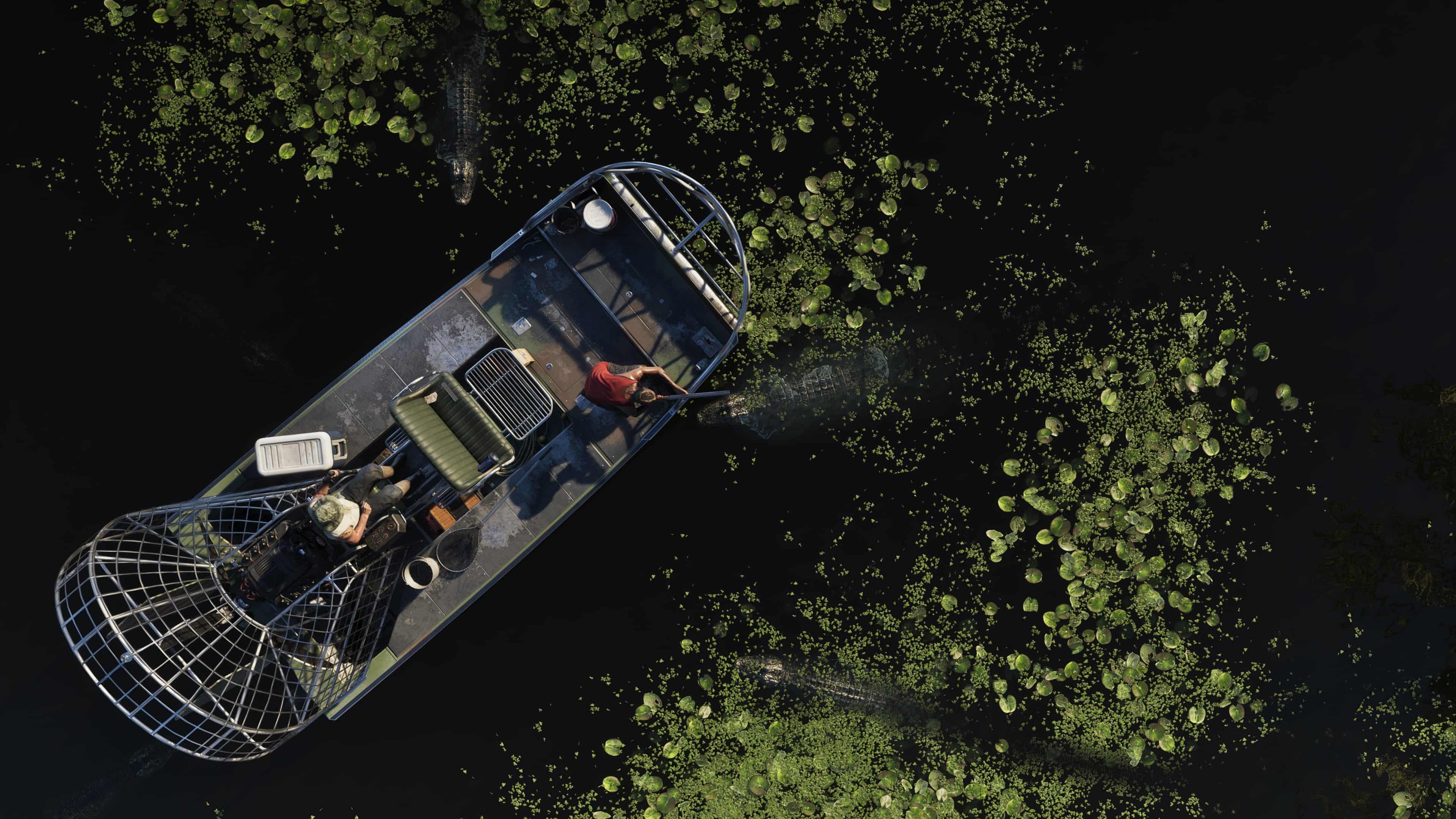 An airboat and an alligator seen from above — Grassrivers, GTA 6 Wetlands