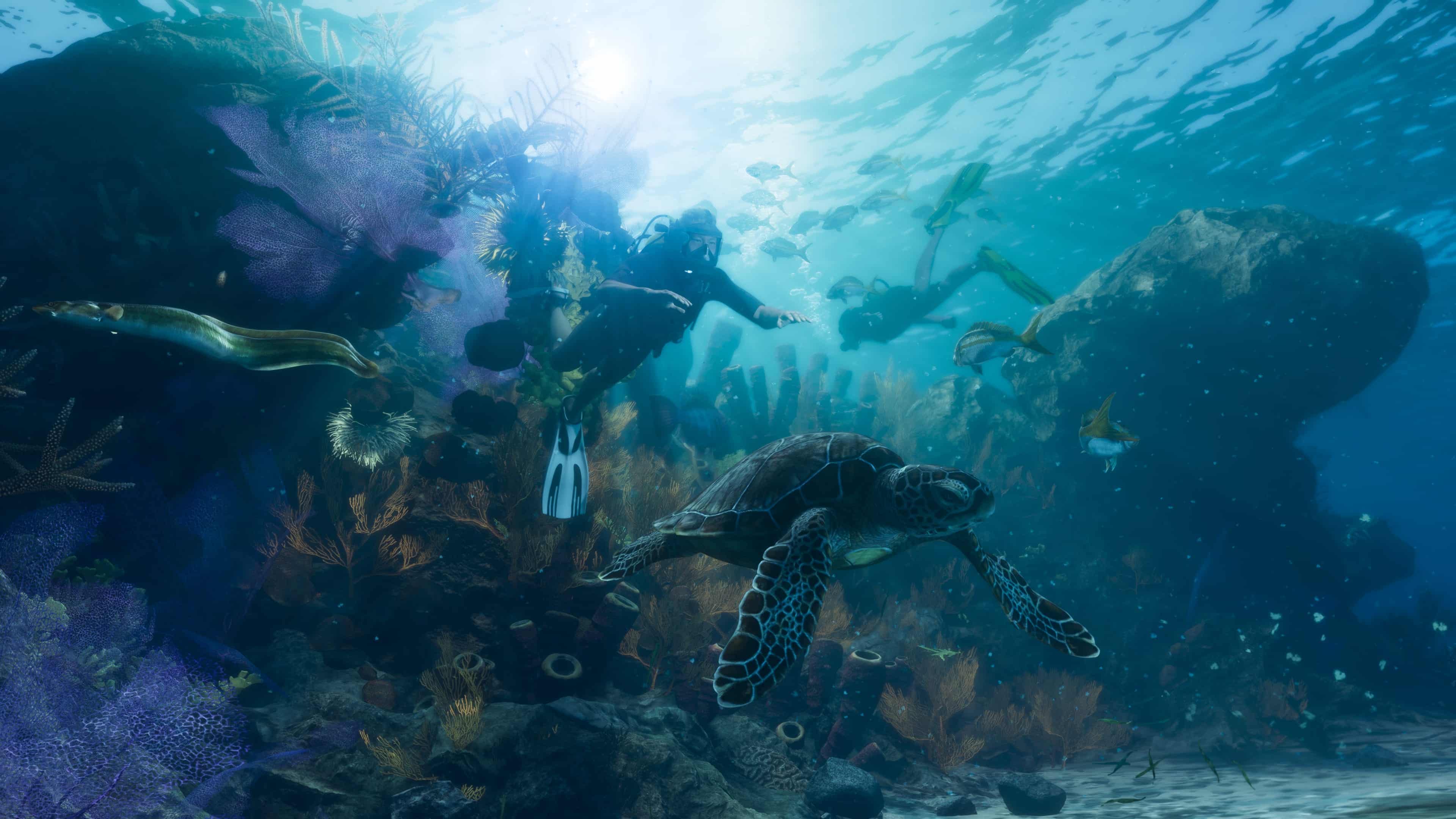 Scuba diving a coral reef with a sea turtle — Leonida Keys, GTA 6 Tropical archipelago