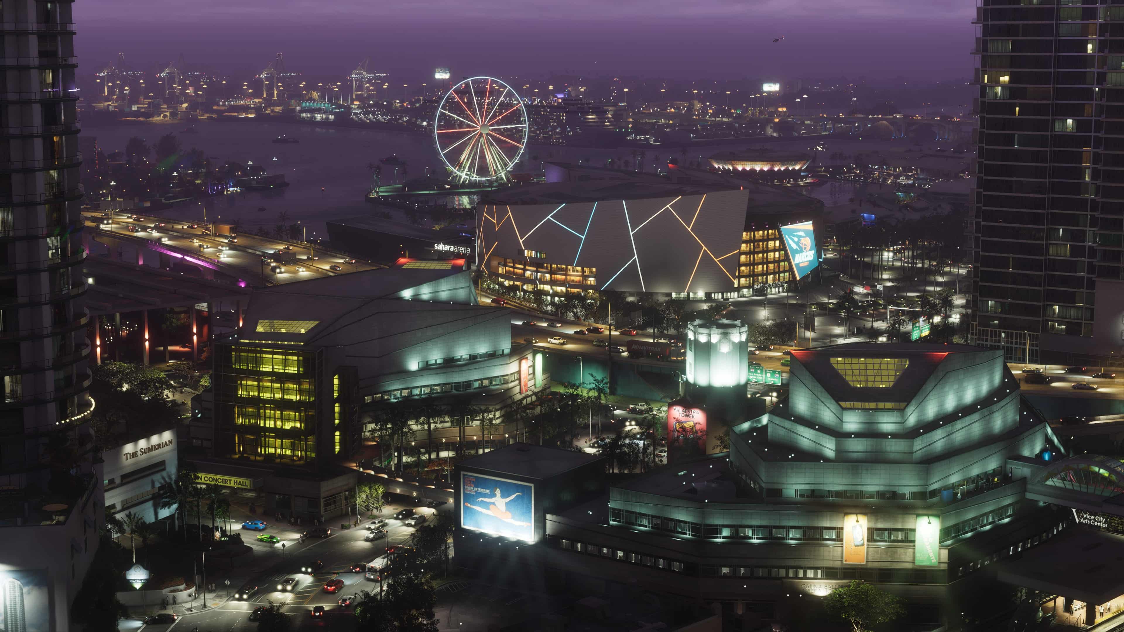 Gece ışıklı şehir merkezi Vice City ve arena — Vice City, GTA 6 Neon metropol