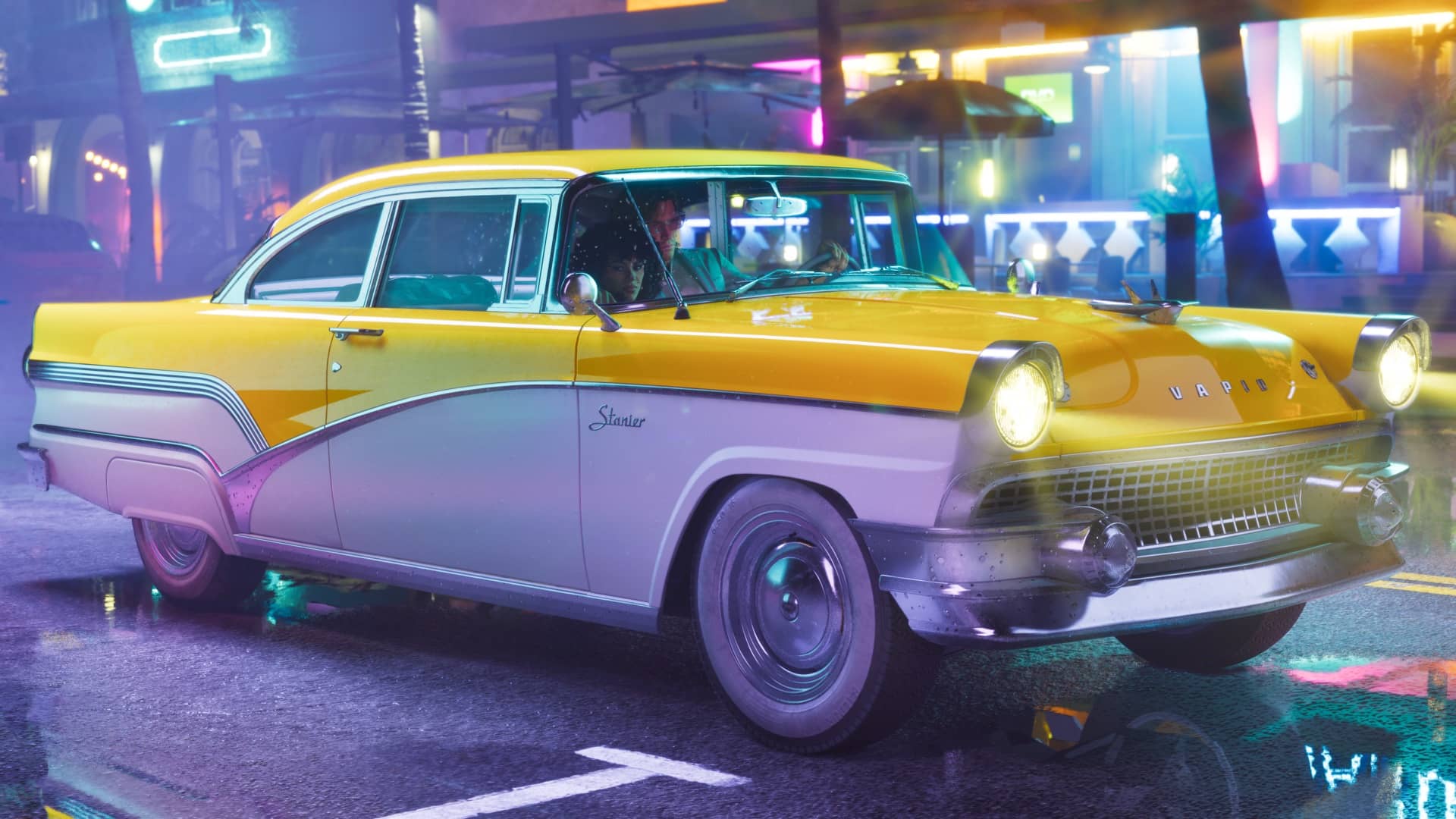 Vapid Stanier '55 classic sedan, the pre-order bonus ride from the GTA VI Vintage Vice City Pack, parked near Ocean Beach.