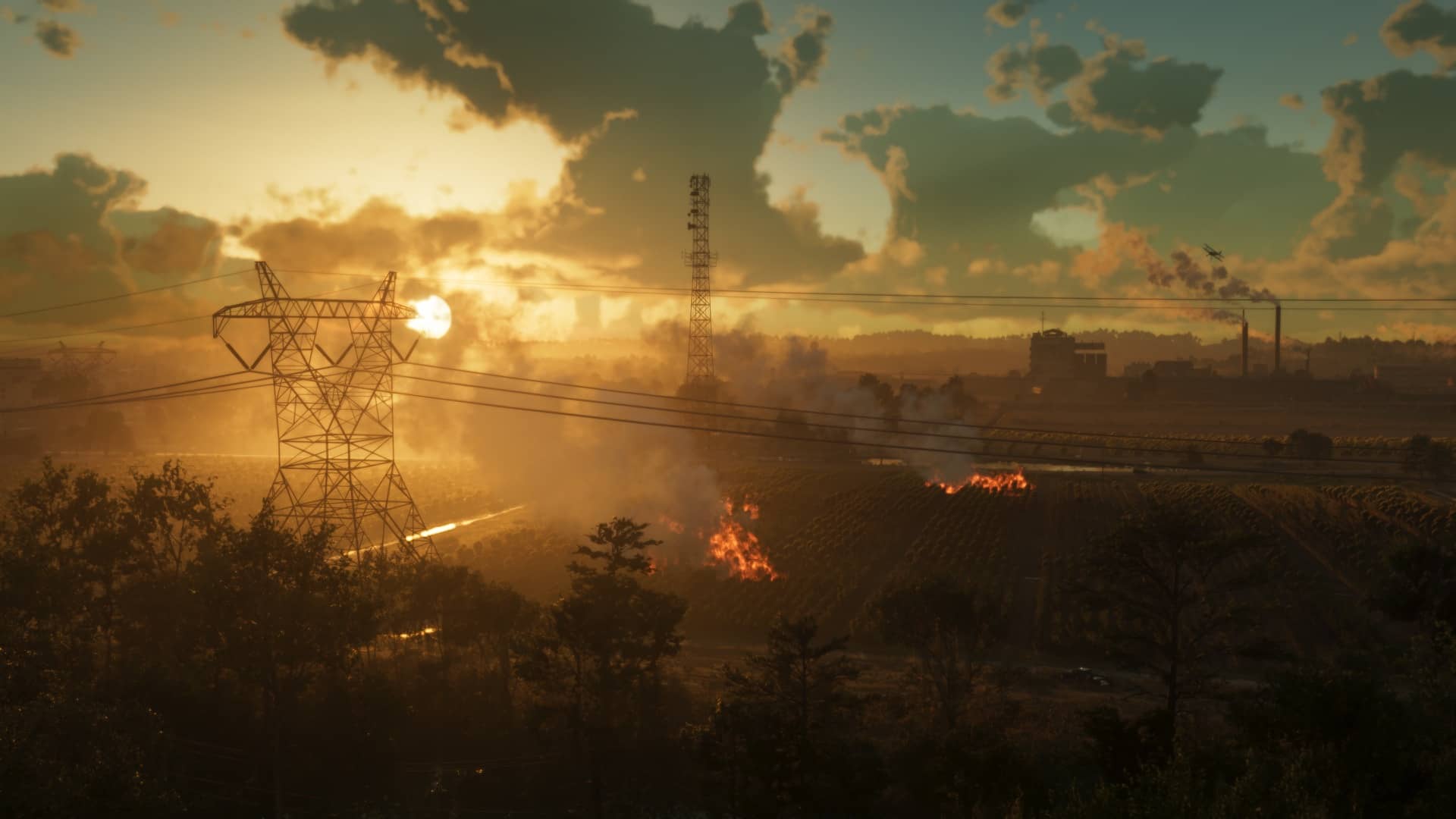 Gün batımında şeker kamışı tarlaları ve elektrik hatları — Ambrosia, GTA 6 Sanayi bölgesi