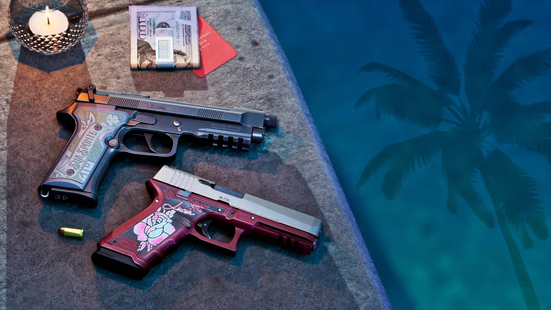 Girardi ES9 — Jason's custom-engraved sidearm, shown alongside the Klose K17, confirmed for the GTA VI Ultimate Edition.