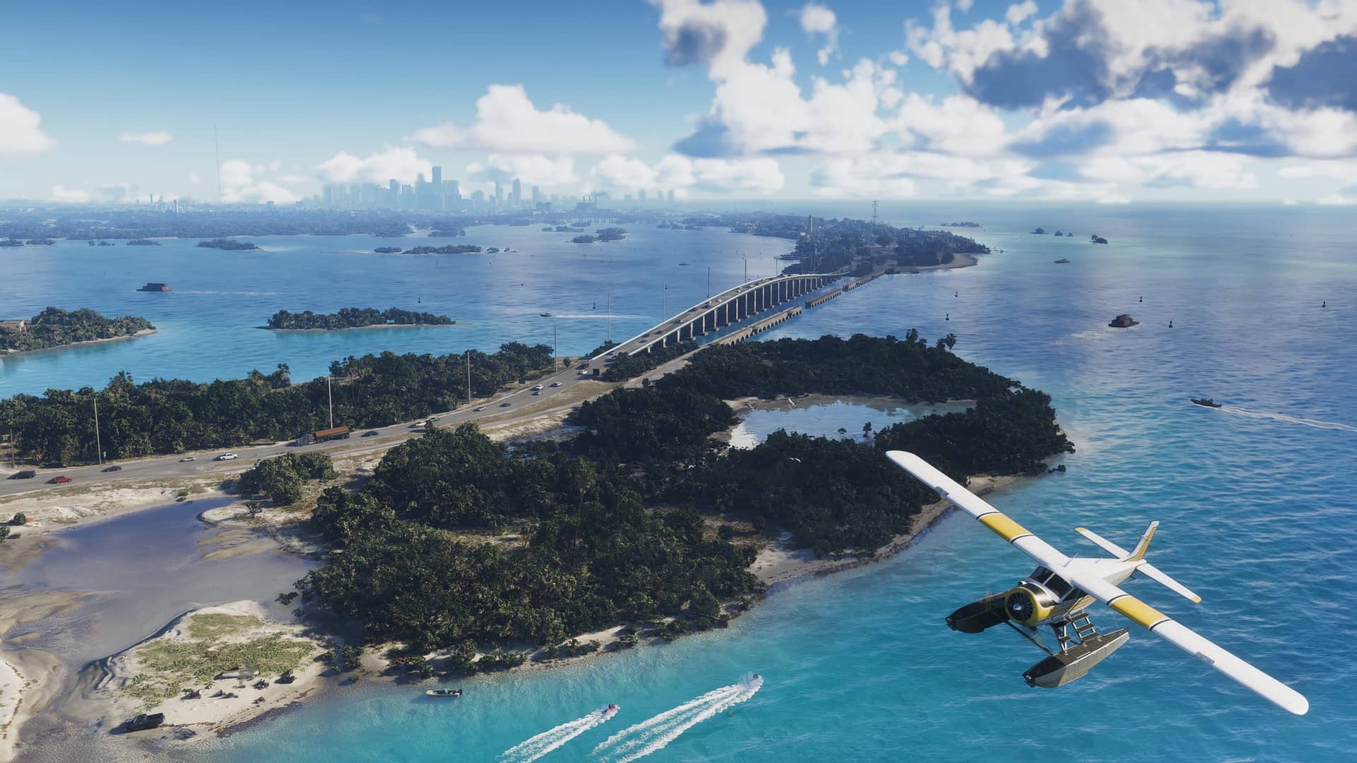 Aerial of the Leonida Keys causeway with a seaplane — Leonida Keys, GTA 6 Tropical archipelago