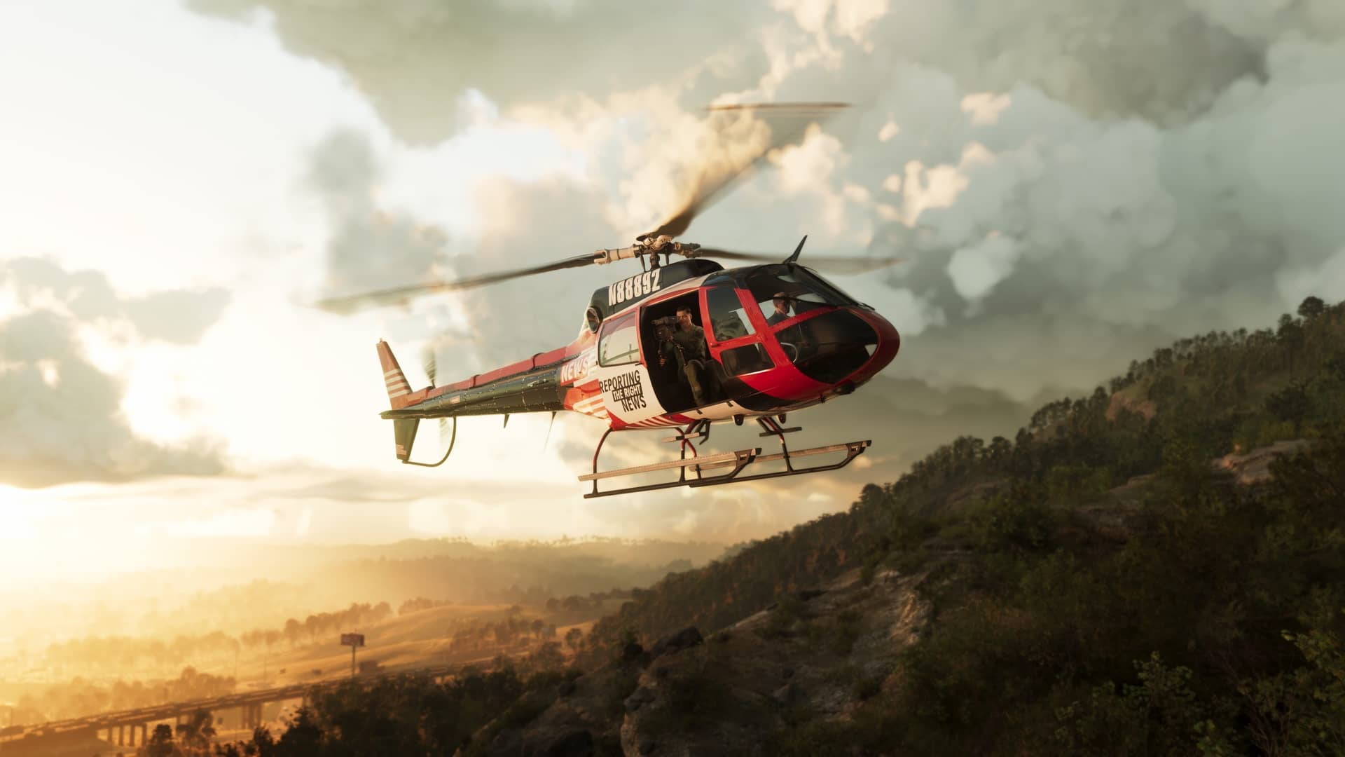 Mount Kalaga tepeleri üzerinde bir haber helikopteri — Mount Kalaga National Park, GTA 6 Milli park