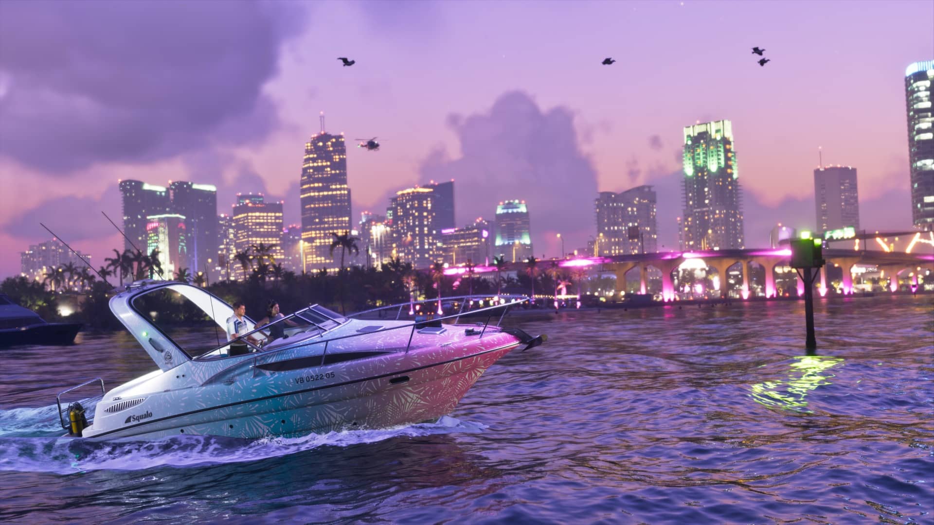Pink-and-blue Shitzu Squalo watercraft docked at Washington Beach, a confirmed GTA VI Ultimate Edition ride.