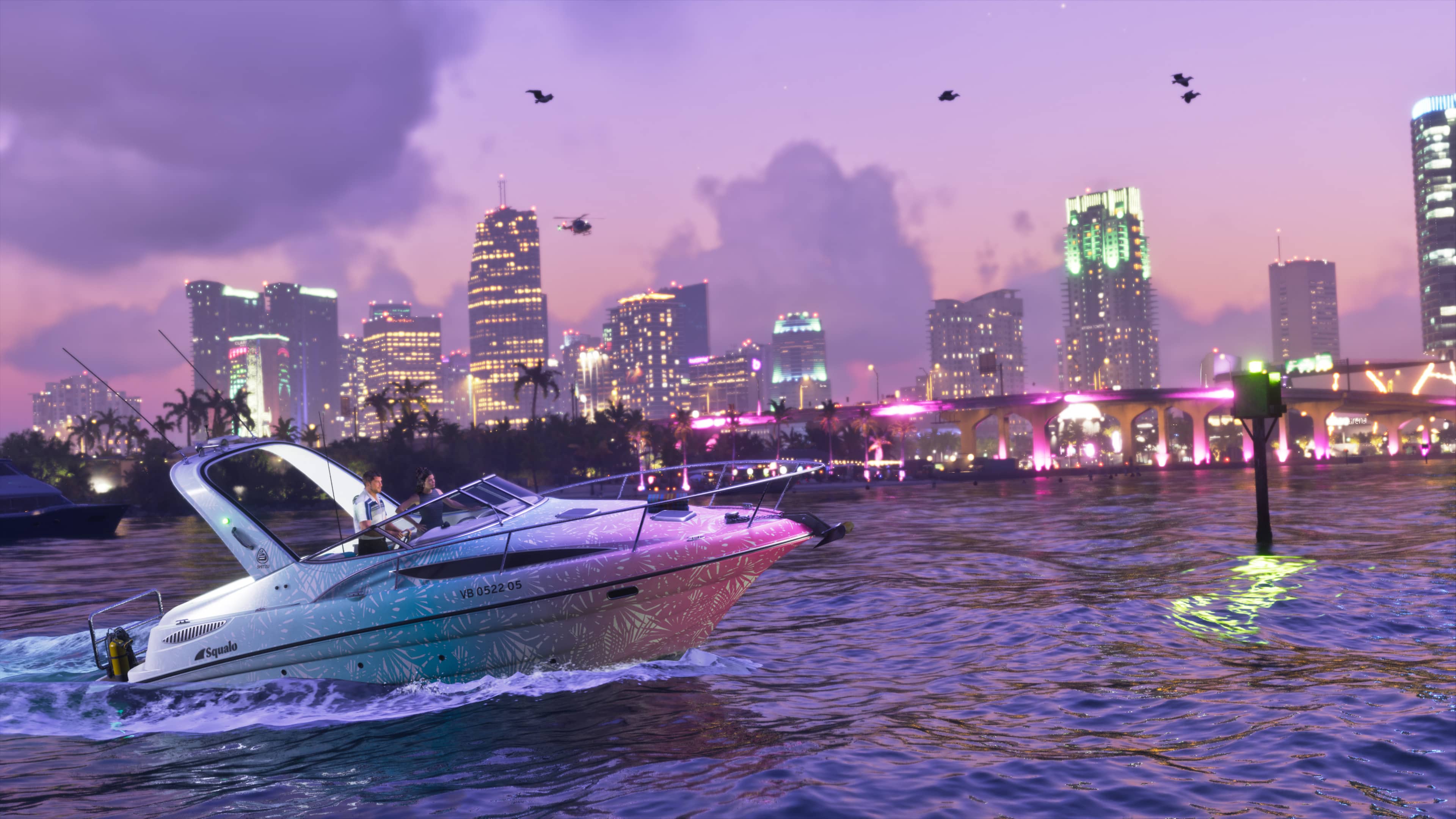 Pink-and-blue Shitzu Squalo watercraft docked at Washington Beach, a confirmed GTA VI Ultimate Edition ride.