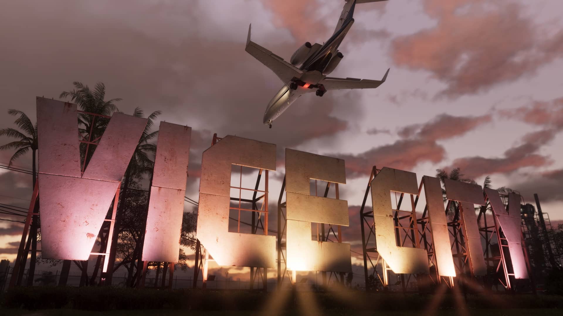 The giant Vice City sign at sunset with a jet overhead — Vice City, GTA 6 Neon metropolis