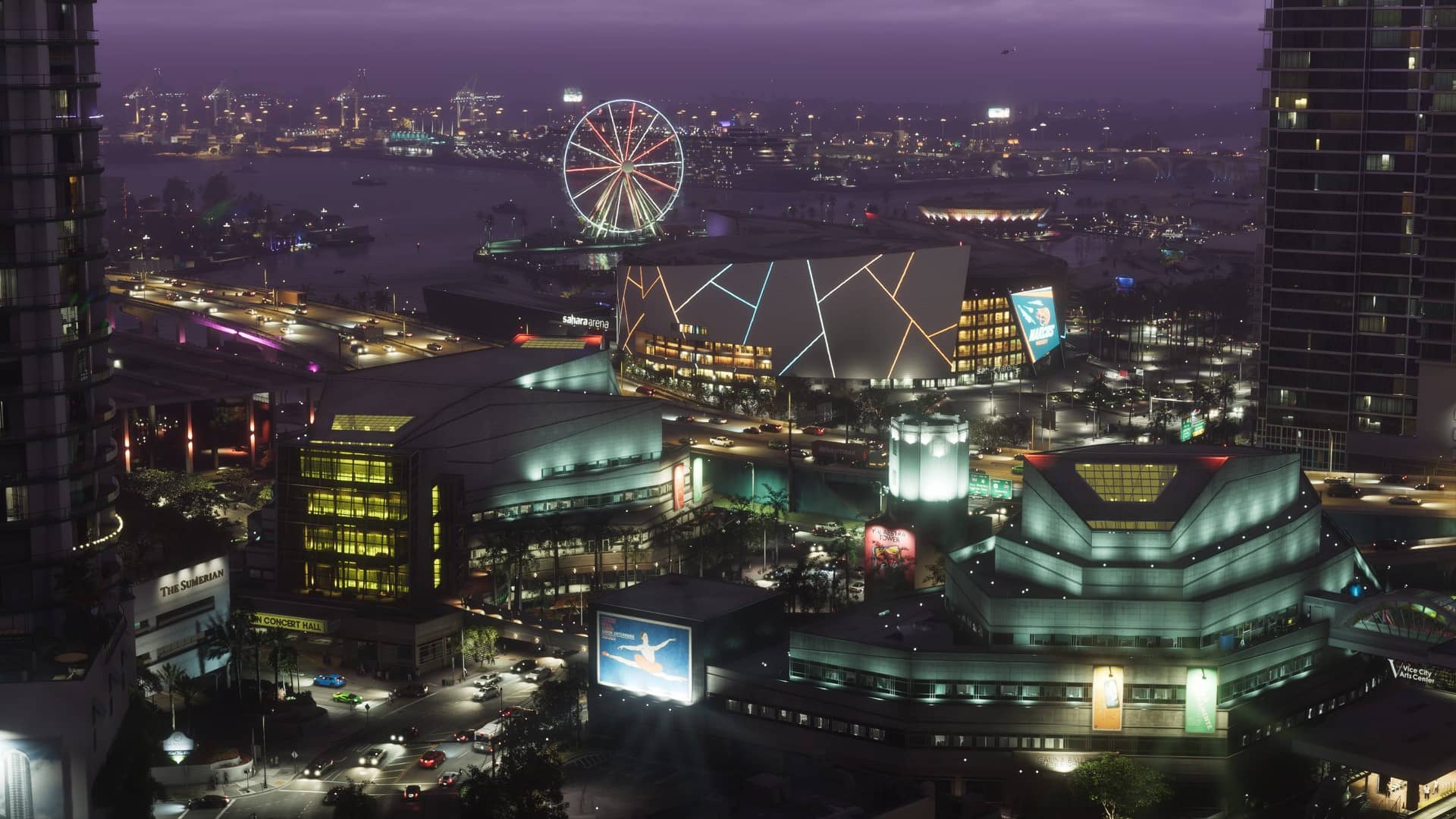 Gece ışıklı şehir merkezi Vice City ve arena — Vice City, GTA 6 Neon metropol