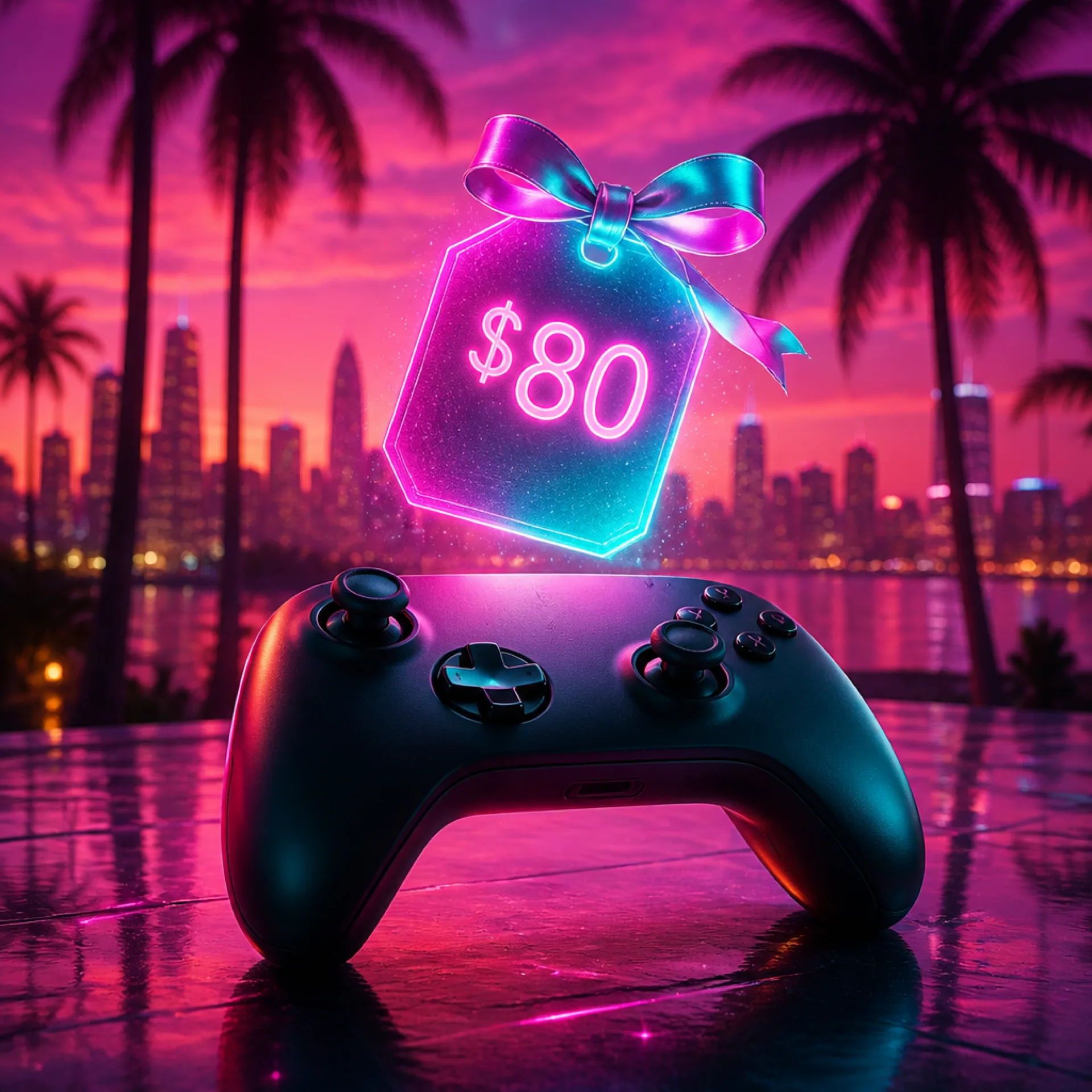 A glowing neon $80 price tag over a game controller, symbolizing GTA 6's $80 price and whether other games will follow suit.