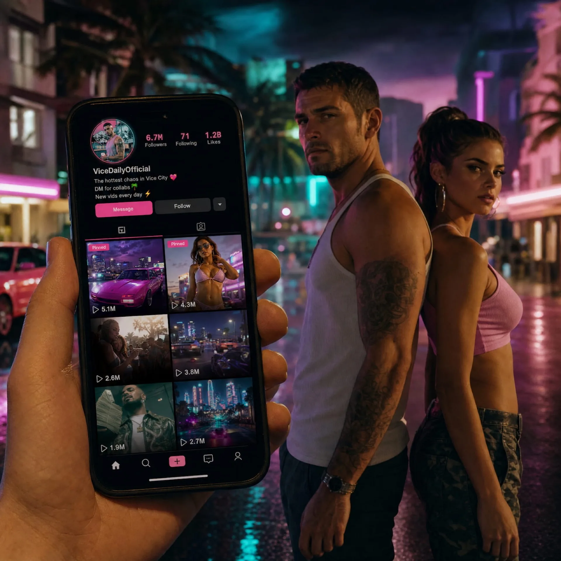 GTA 6 protagonists Jason and Lucia shown on a smartphone screen displaying an in-game social media feed, with neon Vice City at night behind them