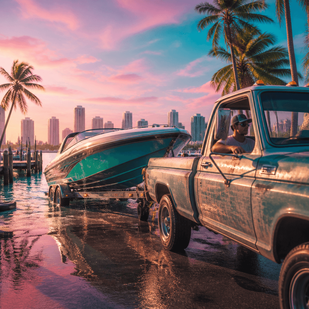 Remorque bateau dans une marina de Leonida Keys dans GTA 6 ; une embarcation chargée sur la remorque pour être remorquée.