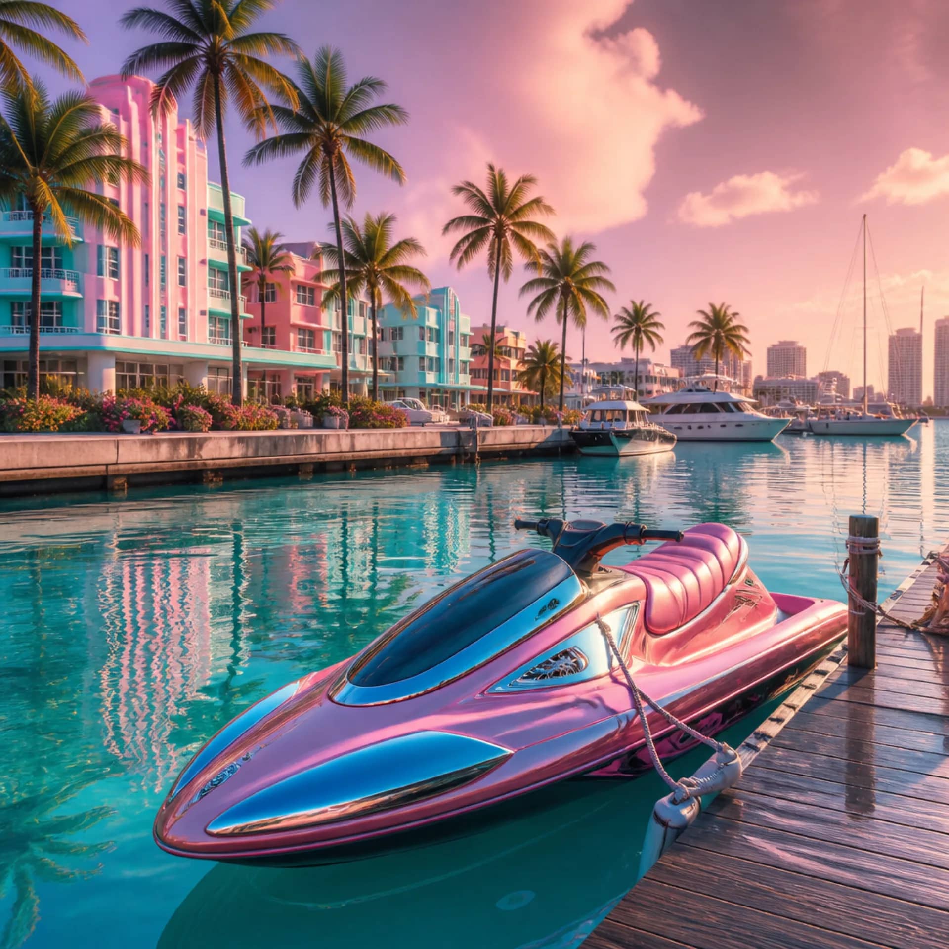Pink-and-blue Shitzu Squalo watercraft docked at Washington Beach, the confirmed GTA VI boat fans want a real interior for.