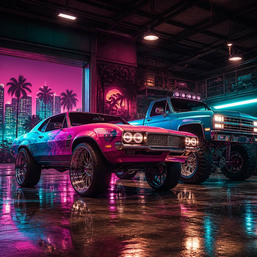 巨大なホイールを装着した改造済みのGTA VIマッスルカーが、Forza Horizon風のチューニングガレージの隣に停まっている。