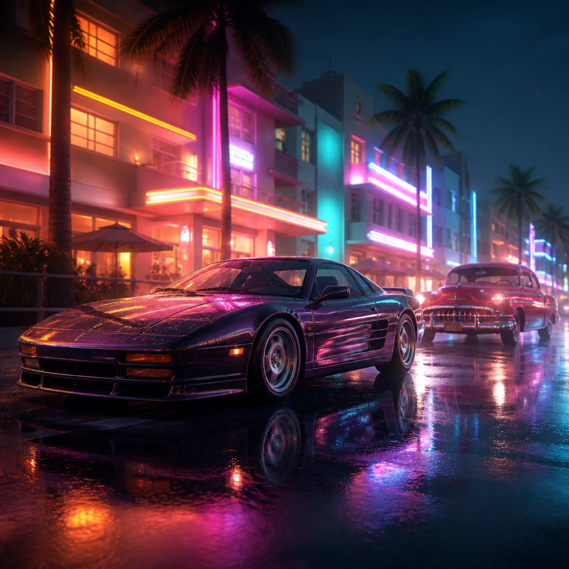 ネオンに照らされたヴァイスシティの街路を走る精細なGTA6の車。RAGEエンジン上でのGTA6車両グラフィックへのファンの期待を描いている。