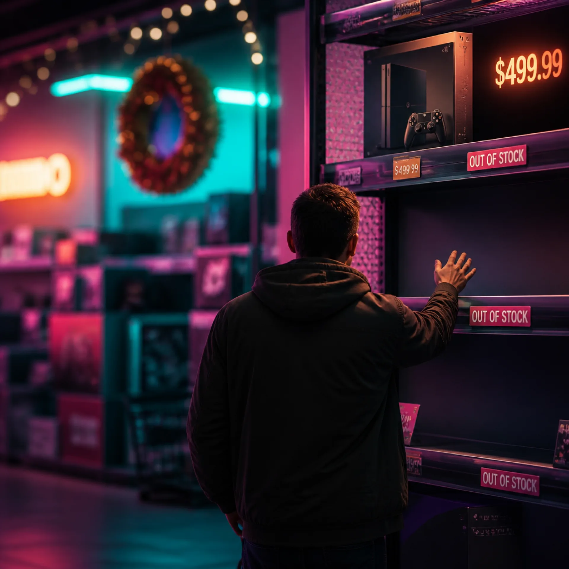 Nearly empty store shelf with an out-of-stock tag, illustrating the GTA 6 PS5 and Xbox console shortage expected at the holiday launch