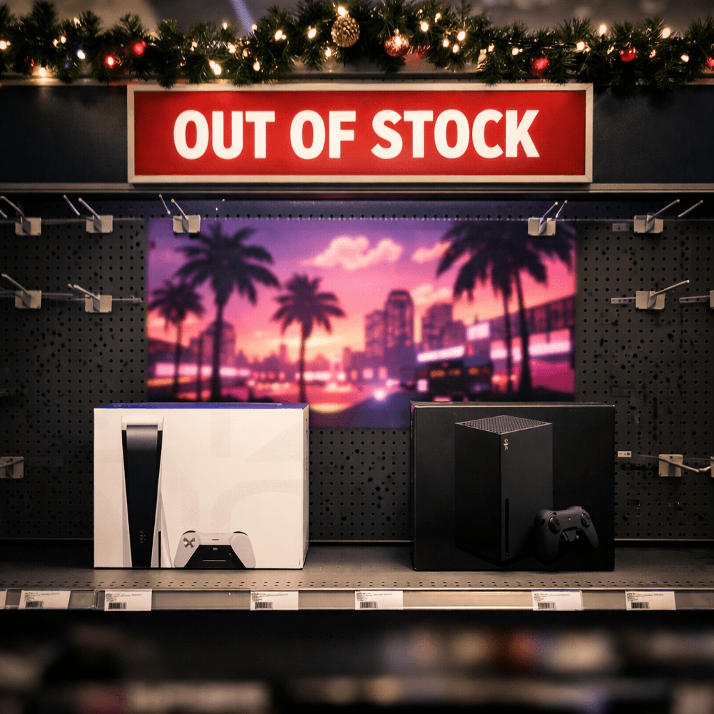 Um console PlayStation 5 e um Xbox Series X numa prateleira de loja quase vazia no fim de ano, com um expositor promocional de GTA 6 ao lado