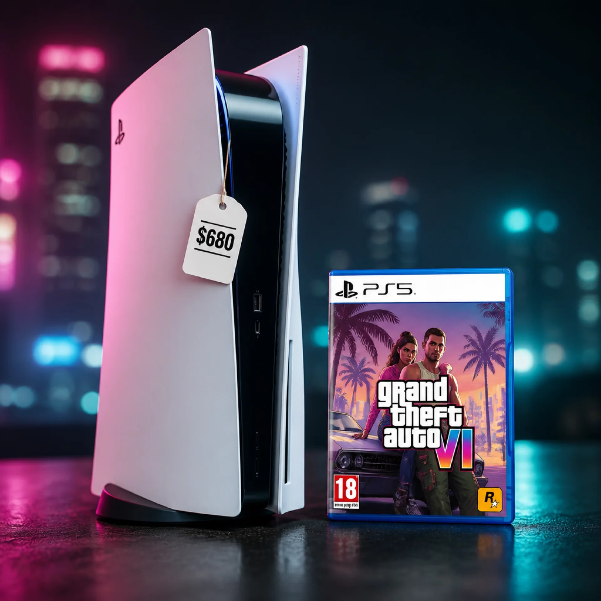一台PS5主机与GTA6并排摆放,标着680美元总价——2026年首发时玩GTA6要花多少钱。