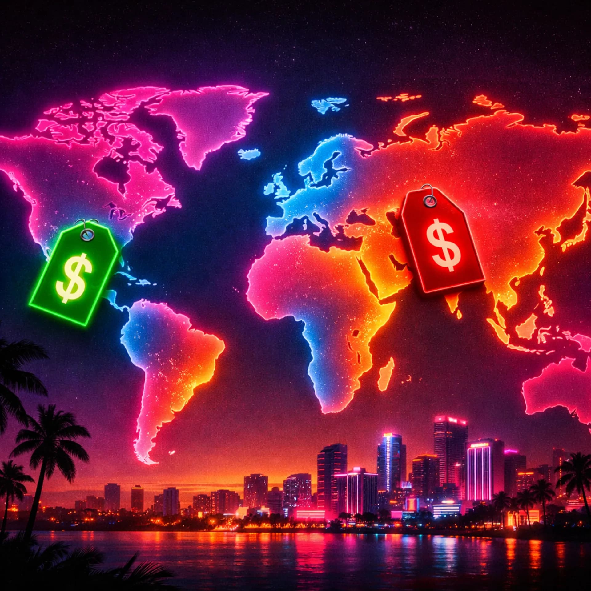 GTA 6 global price comparison map with Vice City neon styling