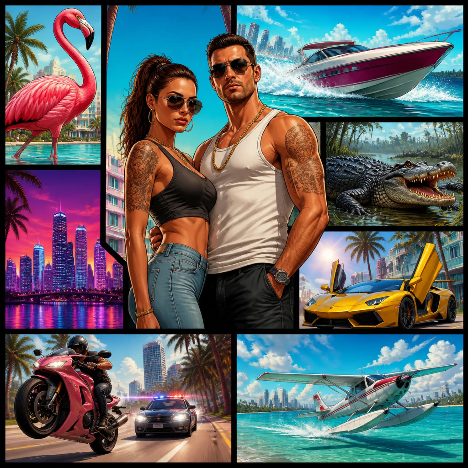 GTA-6-Coverart-Collage: Jason und Lucia, eine neonbunte Vice-City-Skyline, ein Schnellboot, ein rosa Flamingo und ein Alligator in der Sonne.