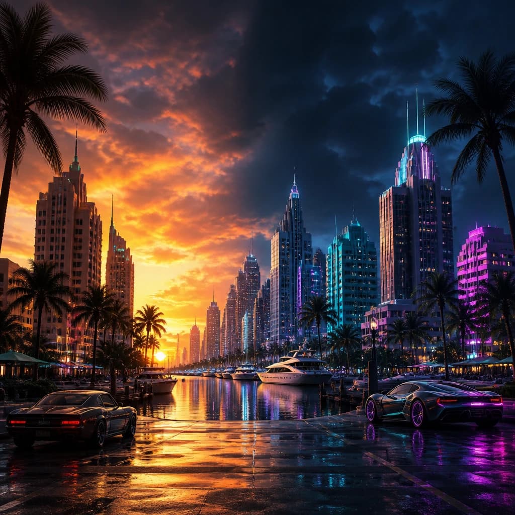 A GTA 6 Vice City skyline at golden hour, illustrating the debate over how long the game's day-night cycle should last.