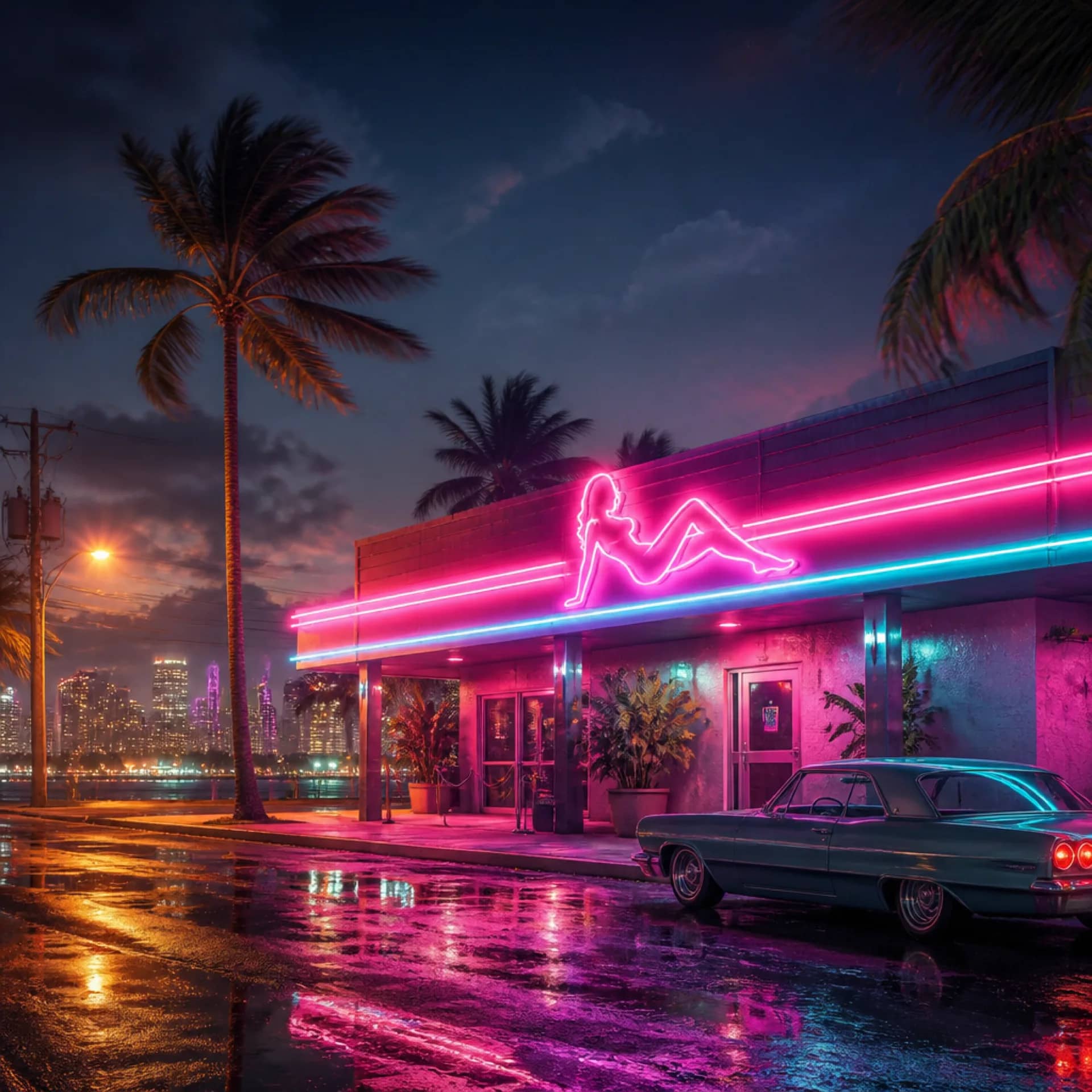 Façade néon d'un club de striptease de Vice City la nuit, le genre de propriété que les fans de GTA 6 veulent posséder dans un système d'Empire Building relancé