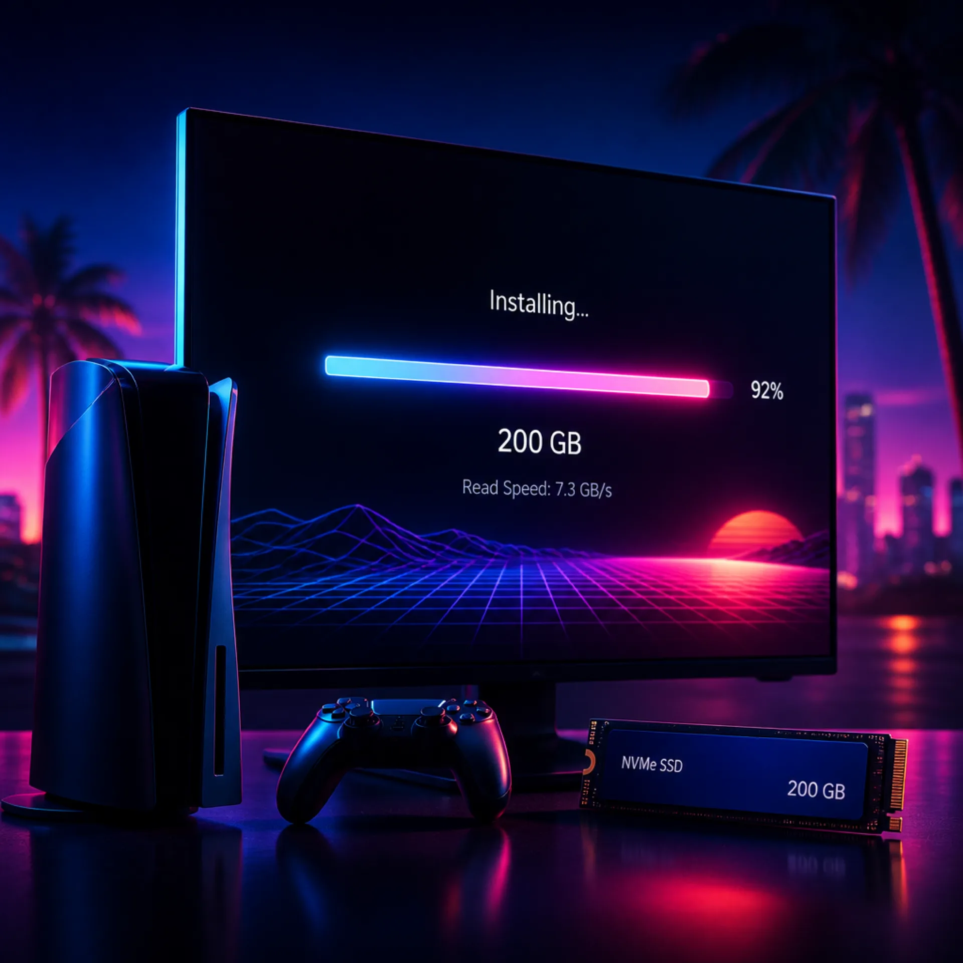 A PS5 storage screen filling up as Grand Theft Auto VI installs, gigabytes ticking toward 200GB