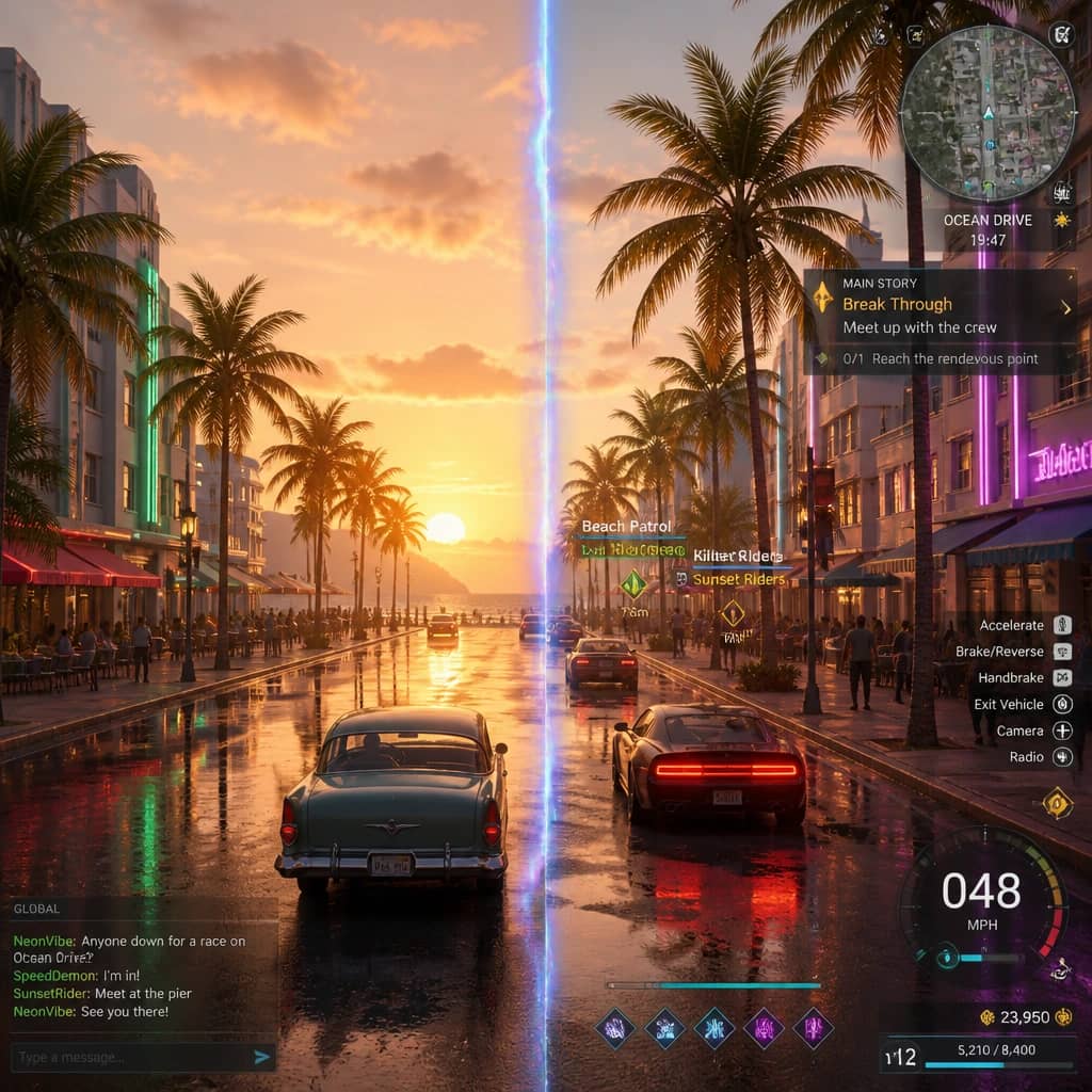 A GTA 6 Vice City scene split between Rockstar's official style and a modded FiveM roleplay HUD, illustrating the debate over matching player expectations.