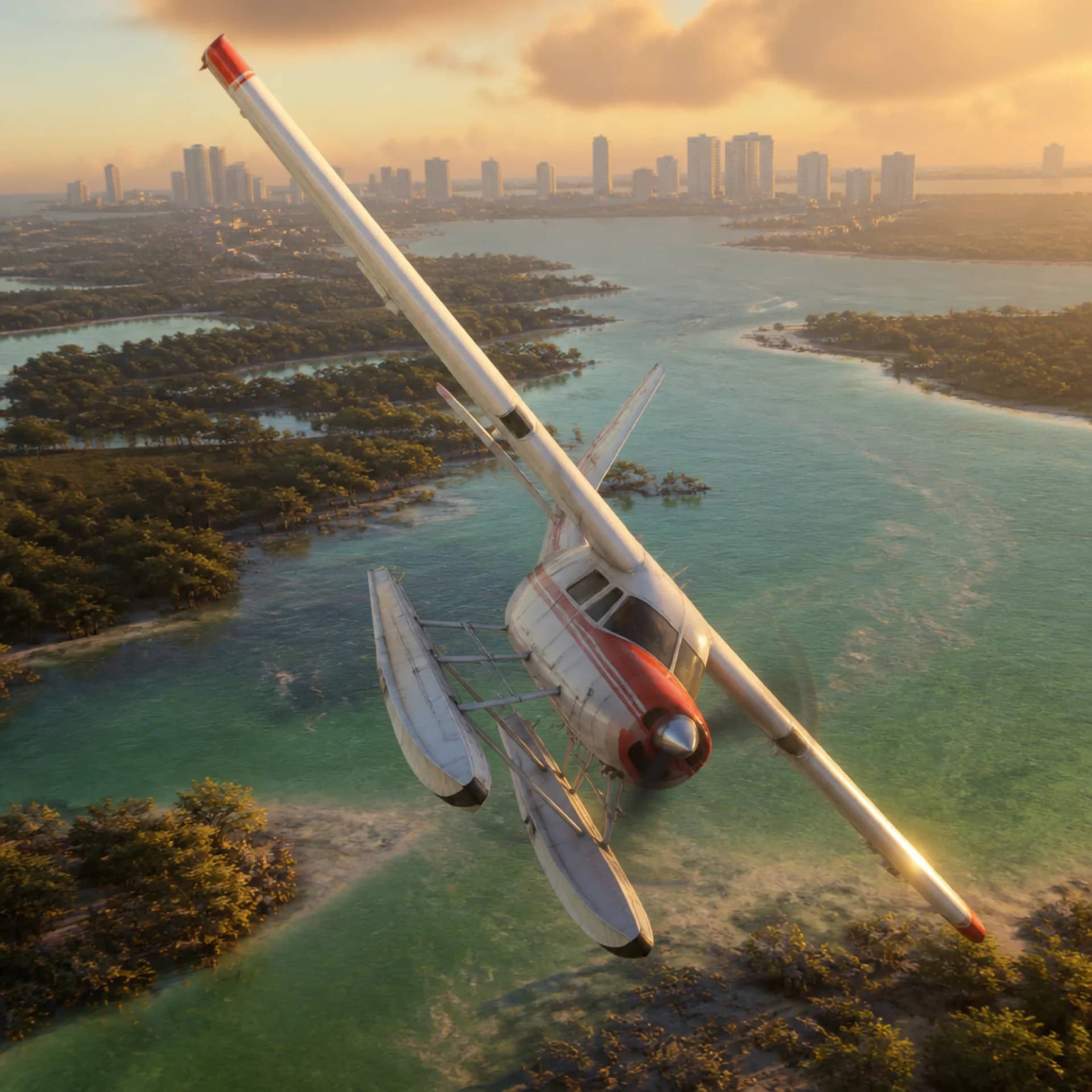 Un avión virando a baja altura sobre el terreno costero y plano de Leonida en GTA 6.