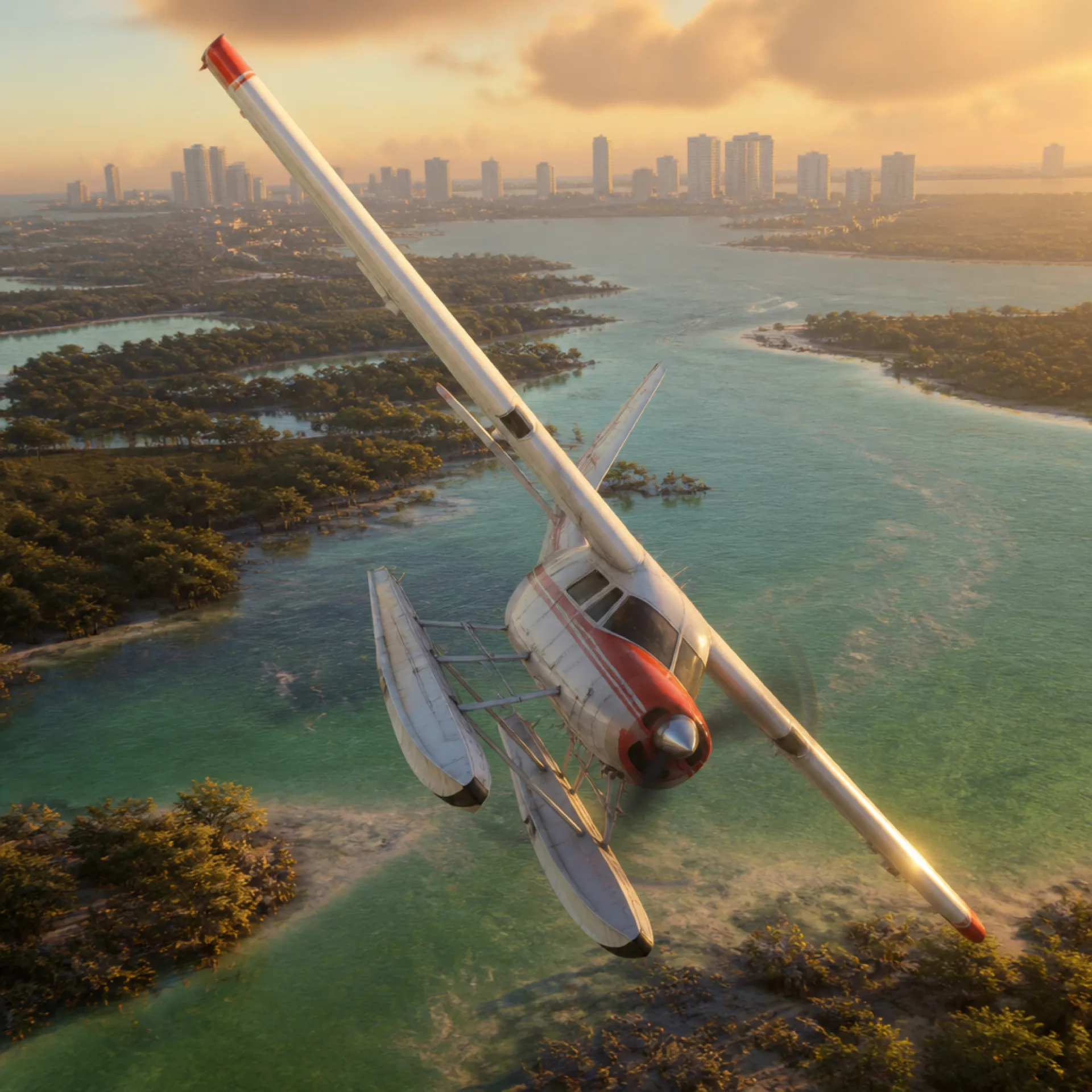一架飞机在 GTA6 莱昂尼达平坦的沿海地形上方低空转弯。
