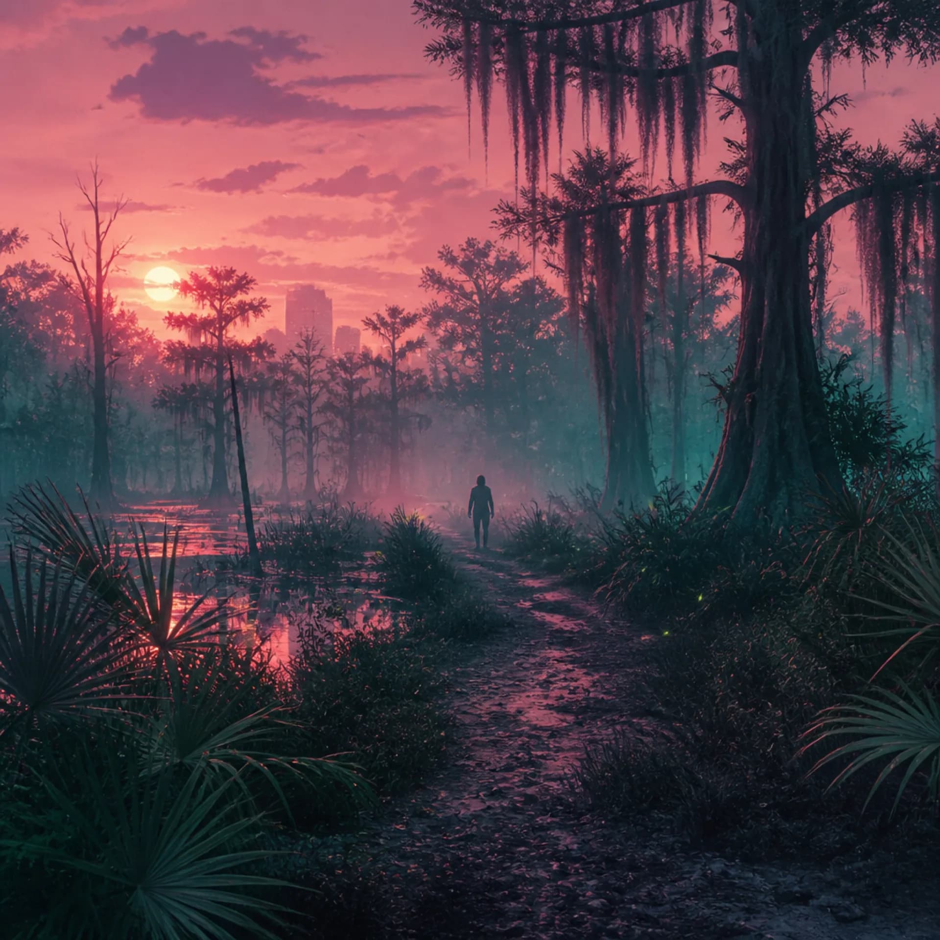 Sous-bois brumeux de Leonida au crépuscule — le genre de recoin caché où les fans espèrent un easter egg GTA 6 façon Francis Sinclair.