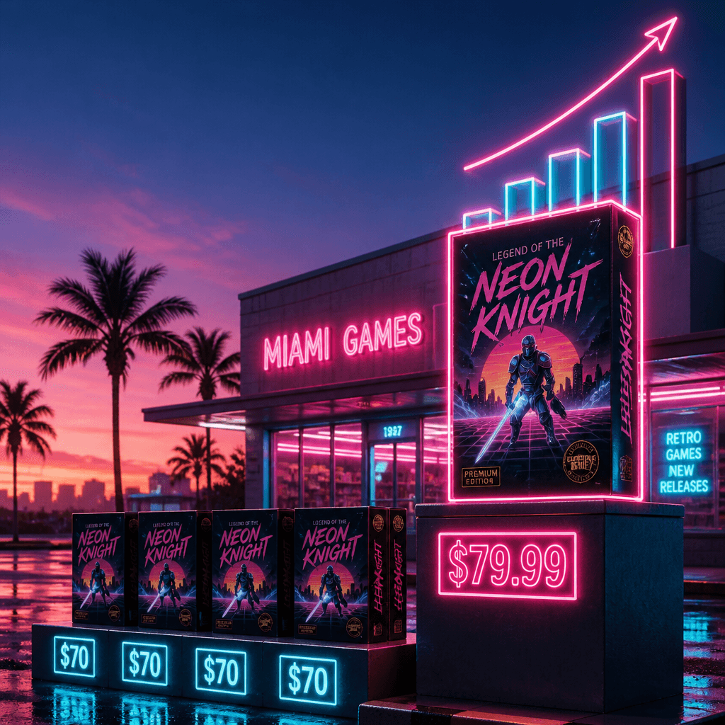 Vitrine néon de Vice City affichant GTA 6 à 79,99$ à côté de jeux moins chers à 70$, illustrant la hausse des prix