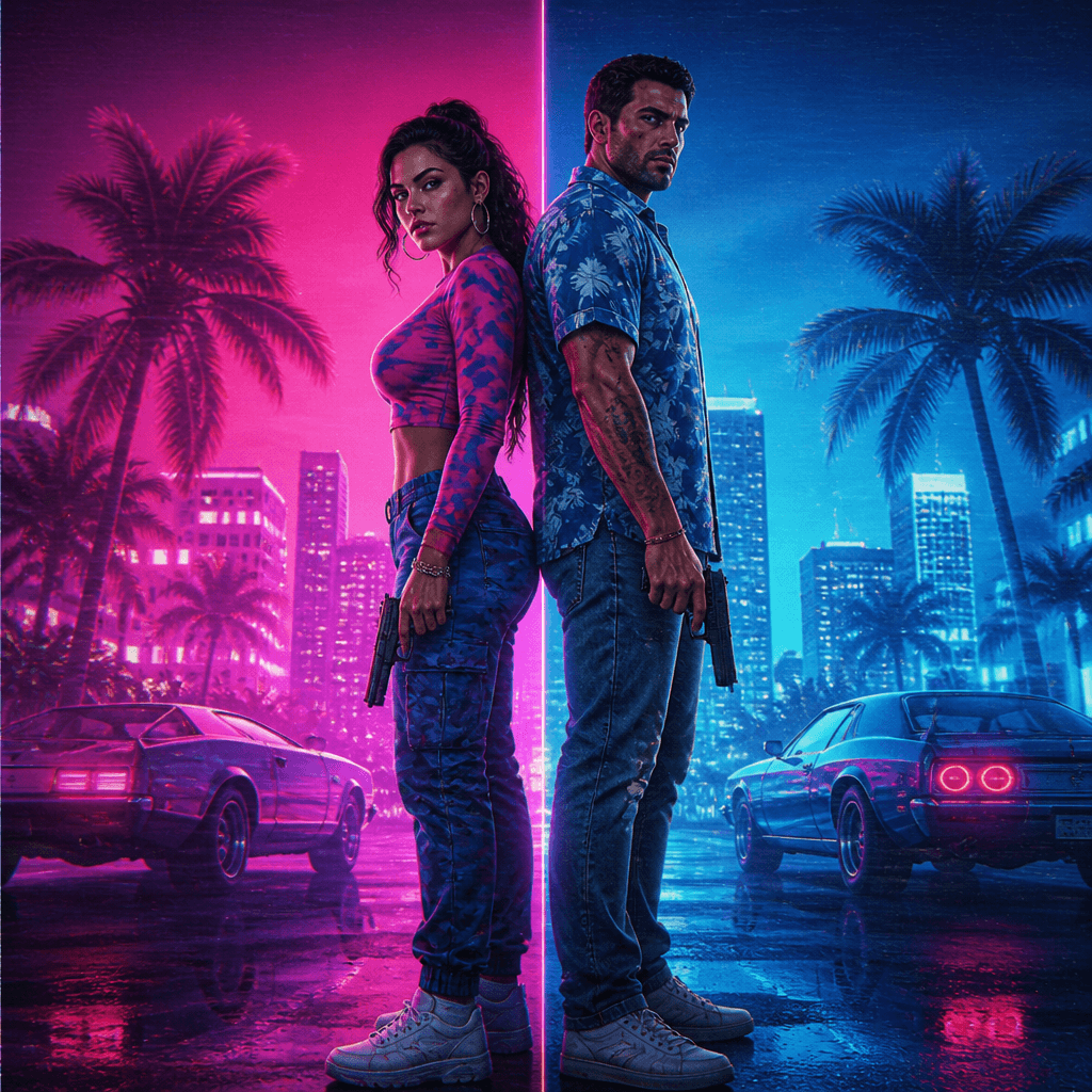 Retrato em neon dividido dos protagonistas de GTA 6 Lucia Caminos e Jason Duval, com estética de Vice City