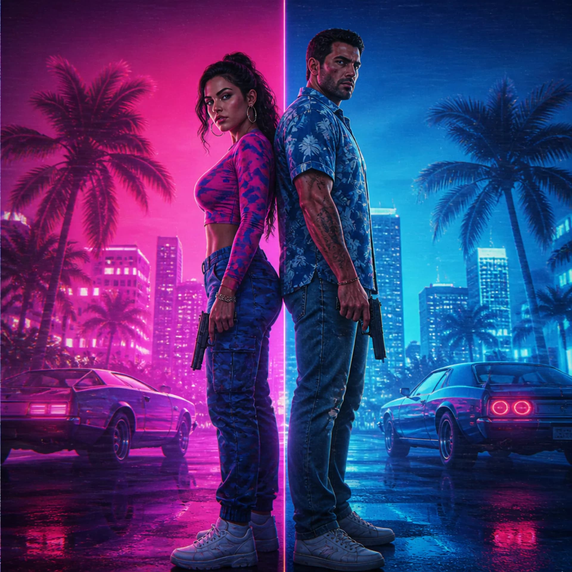 Retrato neón dividido de los protagonistas de GTA 6 Lucia Caminos y Jason Duval, con estética de Vice City