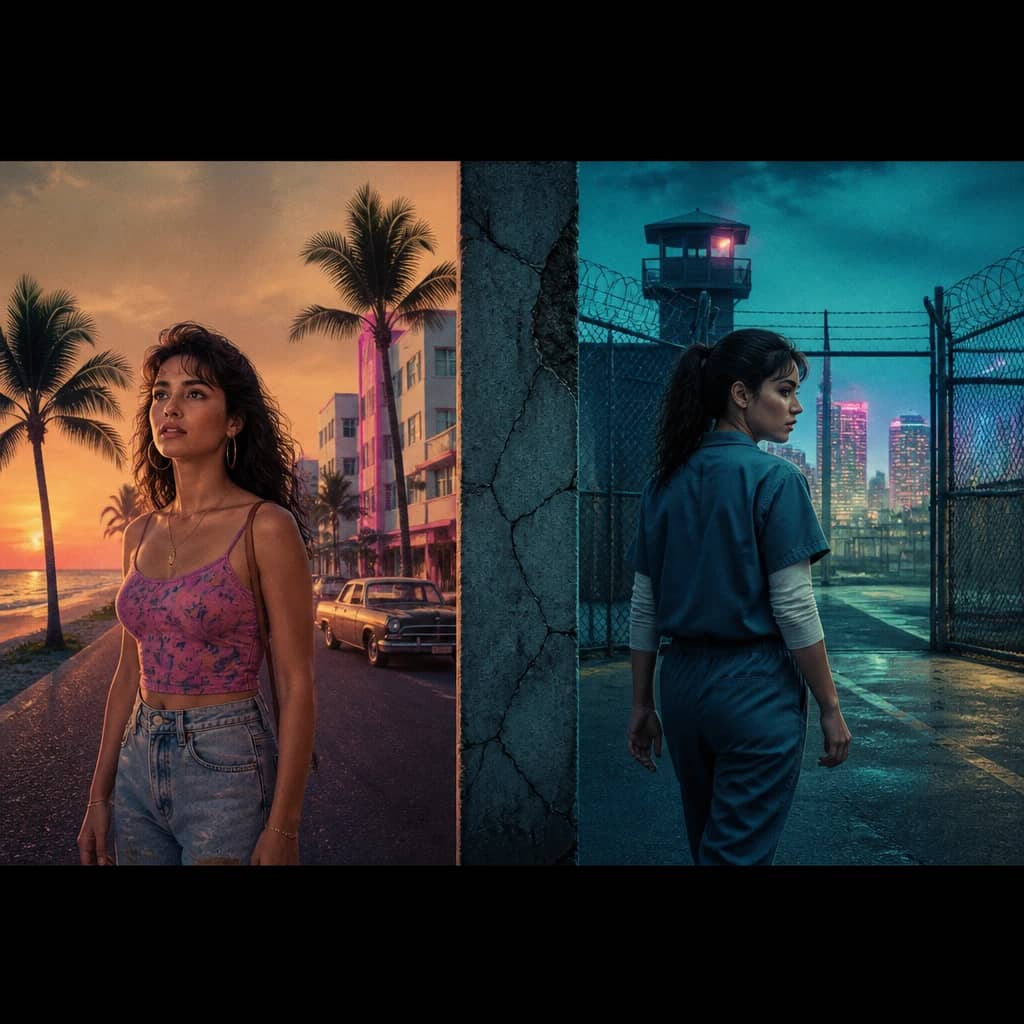 Lucia Caminos compared across younger and older promotional images from GTA VI, the evidence behind a Reddit theory about a 5-year prison timeline