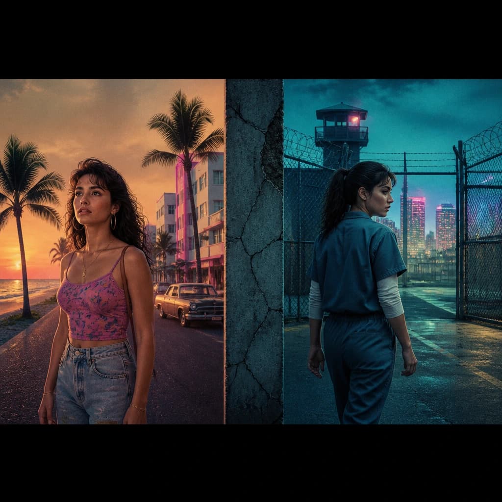 Comparaison de Lucia Caminos jeune et plus âgée sur des images promotionnelles de GTA VI, la preuve derrière la théorie Reddit des 5 ans de prison