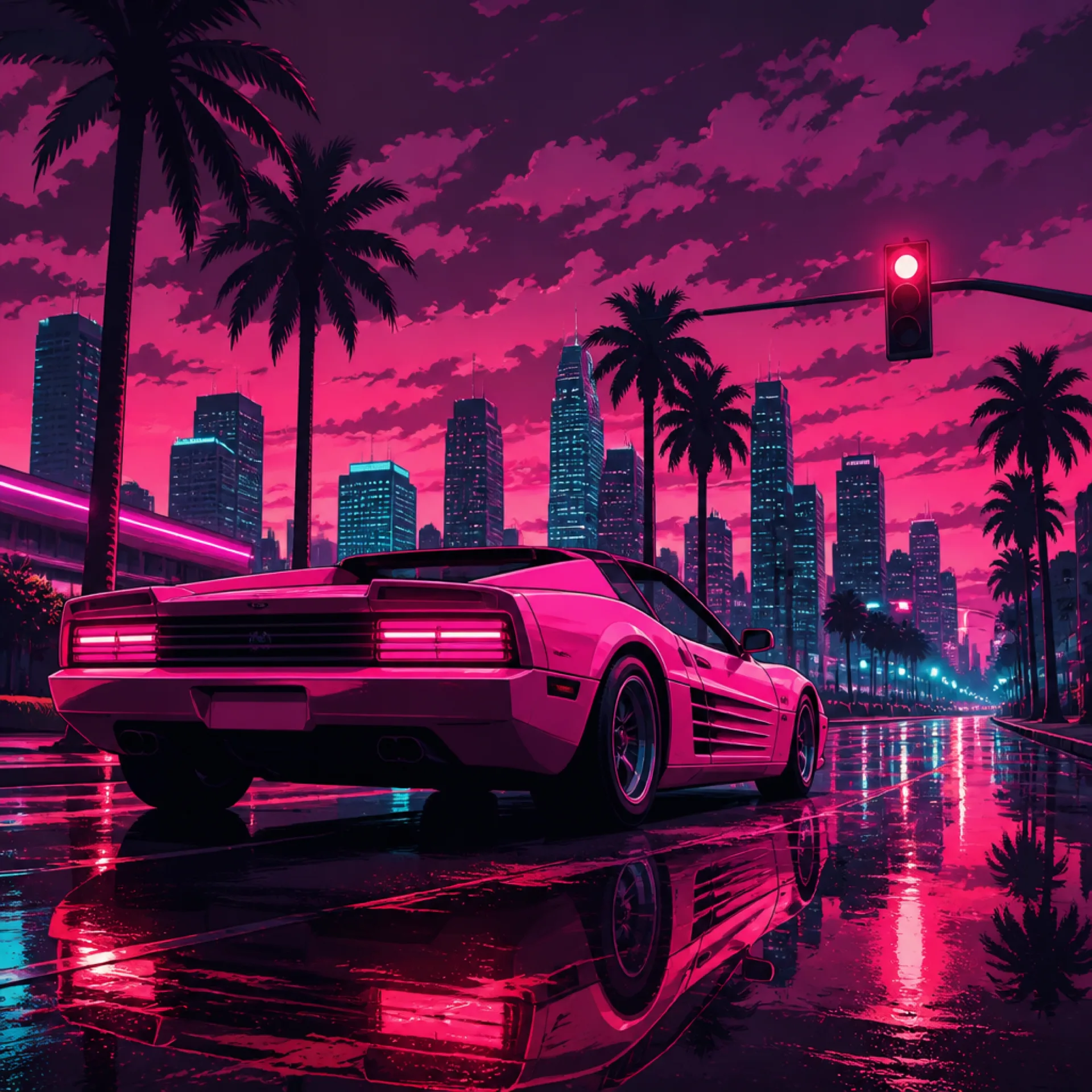 Rue nocturne de Vice City éclairée de néons avec une décapotable rose arrêtée à un feu rouge, illustration sur l'attente de GTA 6.