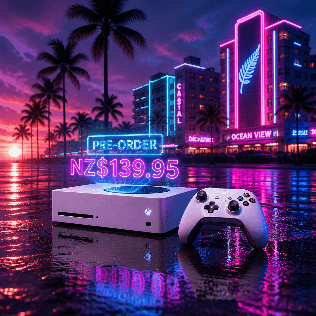GTA 6 Yeni Zelanda ön sipariş neon tanıtım görseli ve PS5 konsolu
