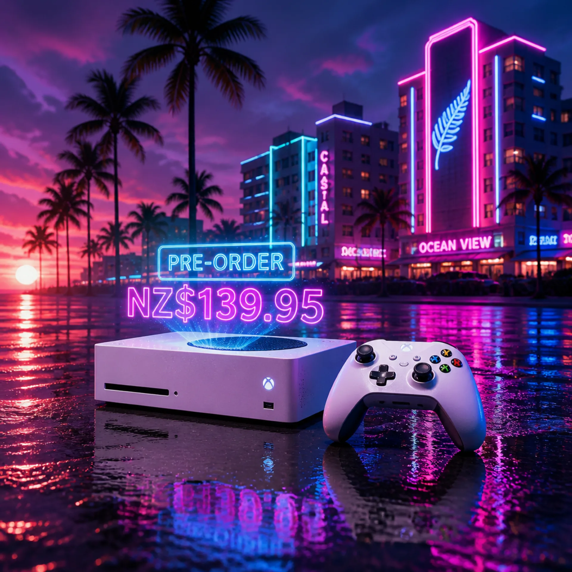 GTA 6 New Zealand pre-order neon promotional artwork with a PS5 console