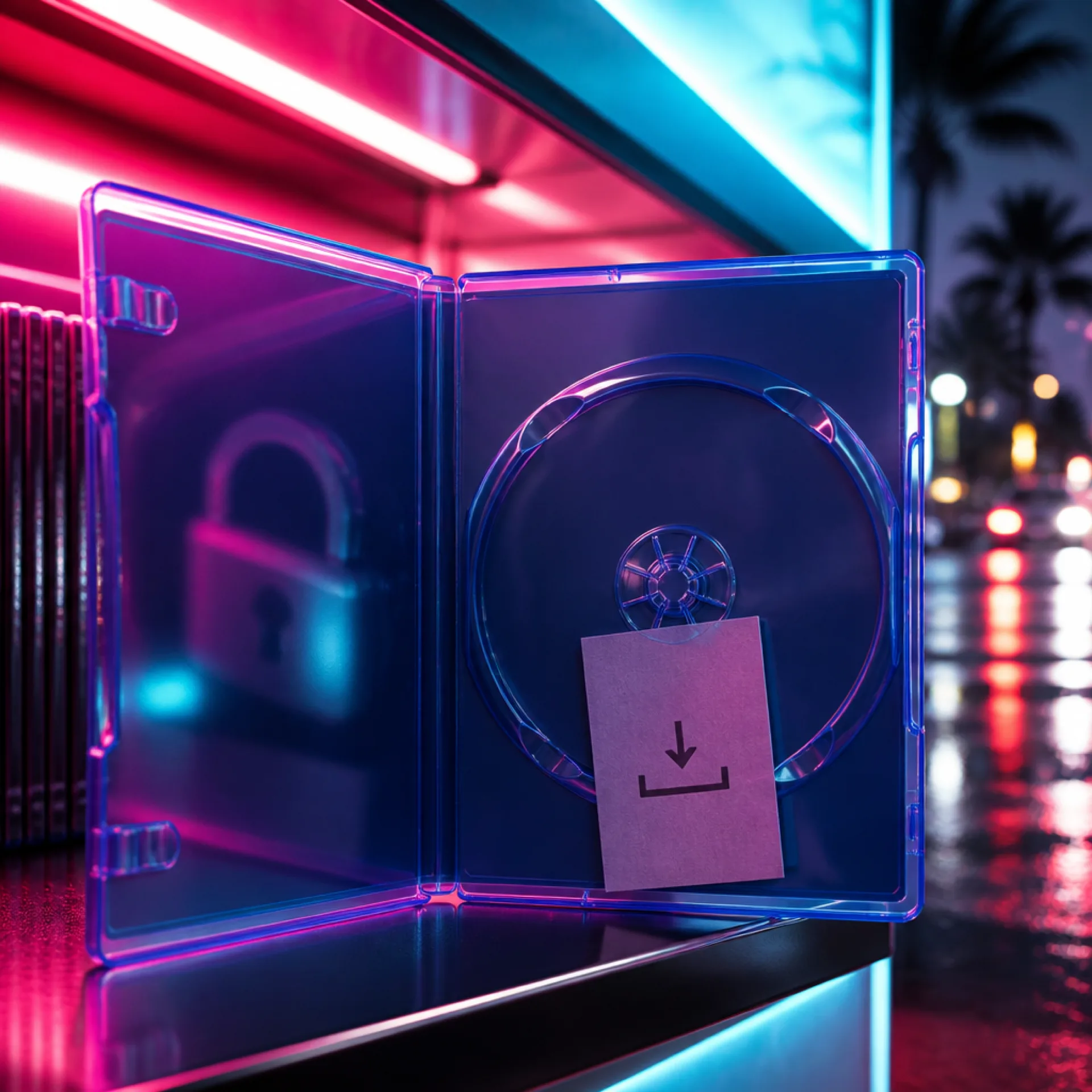 GTA 6 boxed case for PS5 and Xbox holding a download code instead of a disc, lit by Vice City neon