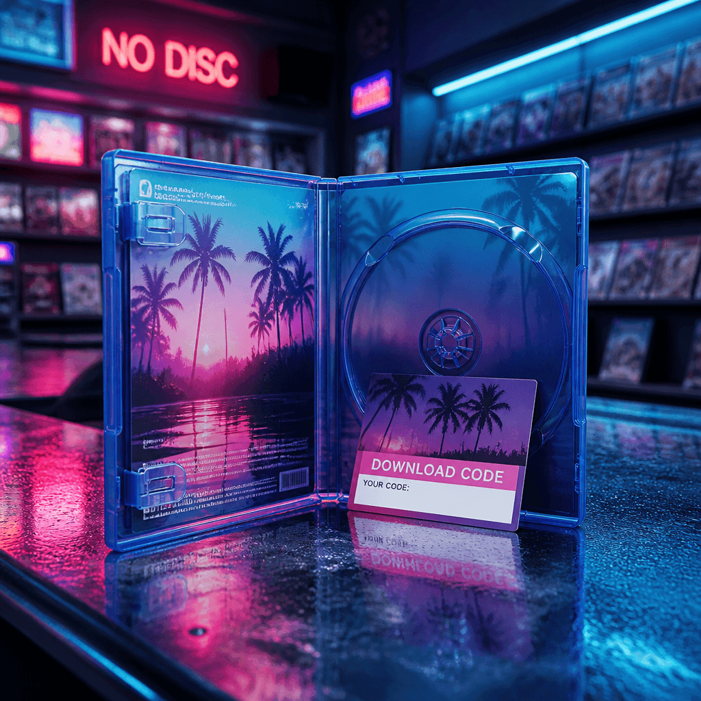 GTA 6 boş fiziksel oyun kutusu ve indirme kodu, neon Vice City tarzı