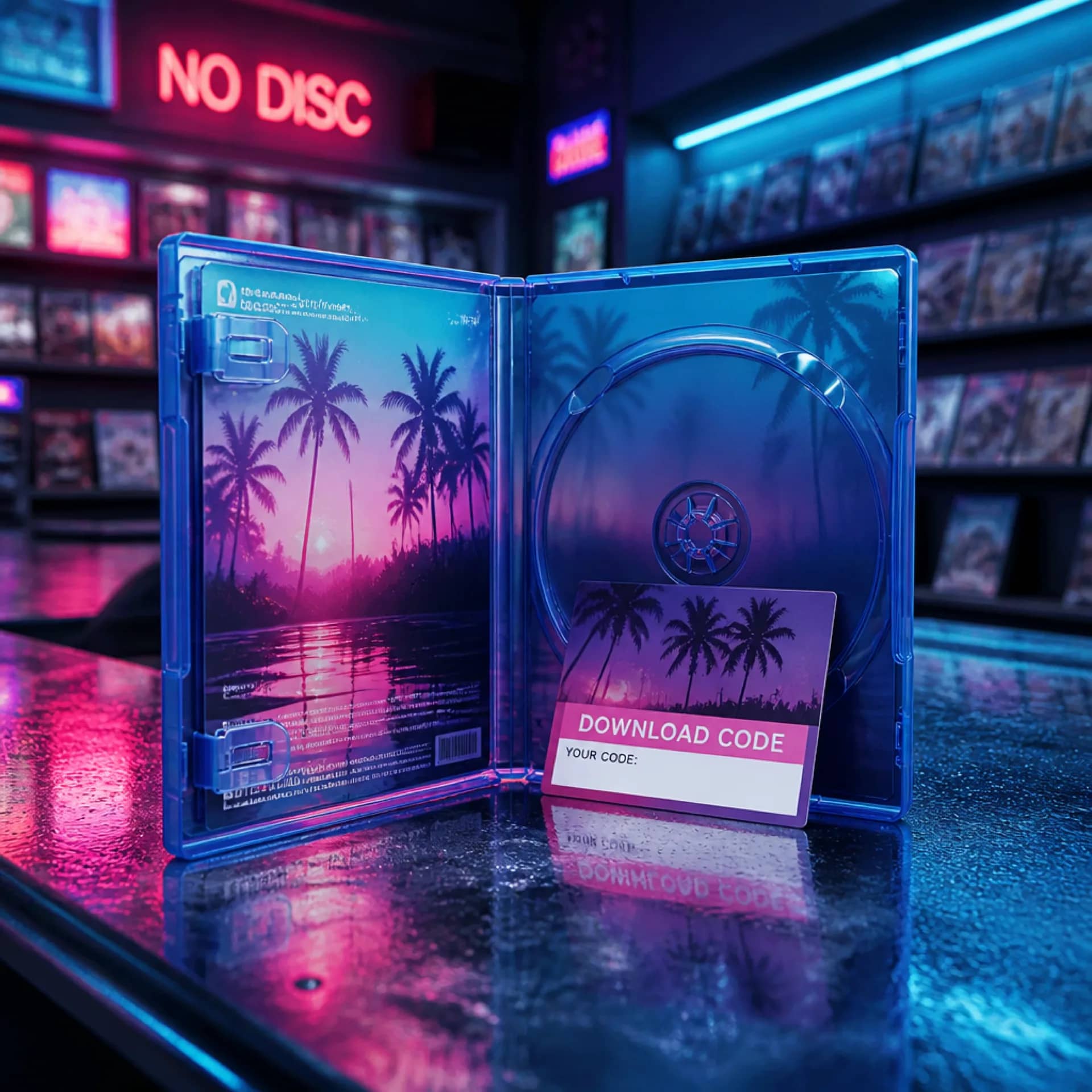 GTA 6 empty physical game case with a download code, neon Vice City styling