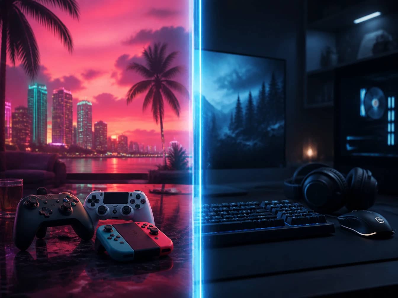 GTA 6 key art split between a PS5/Xbox controller and a PC setup, representing the console-first launch and delayed PC version.