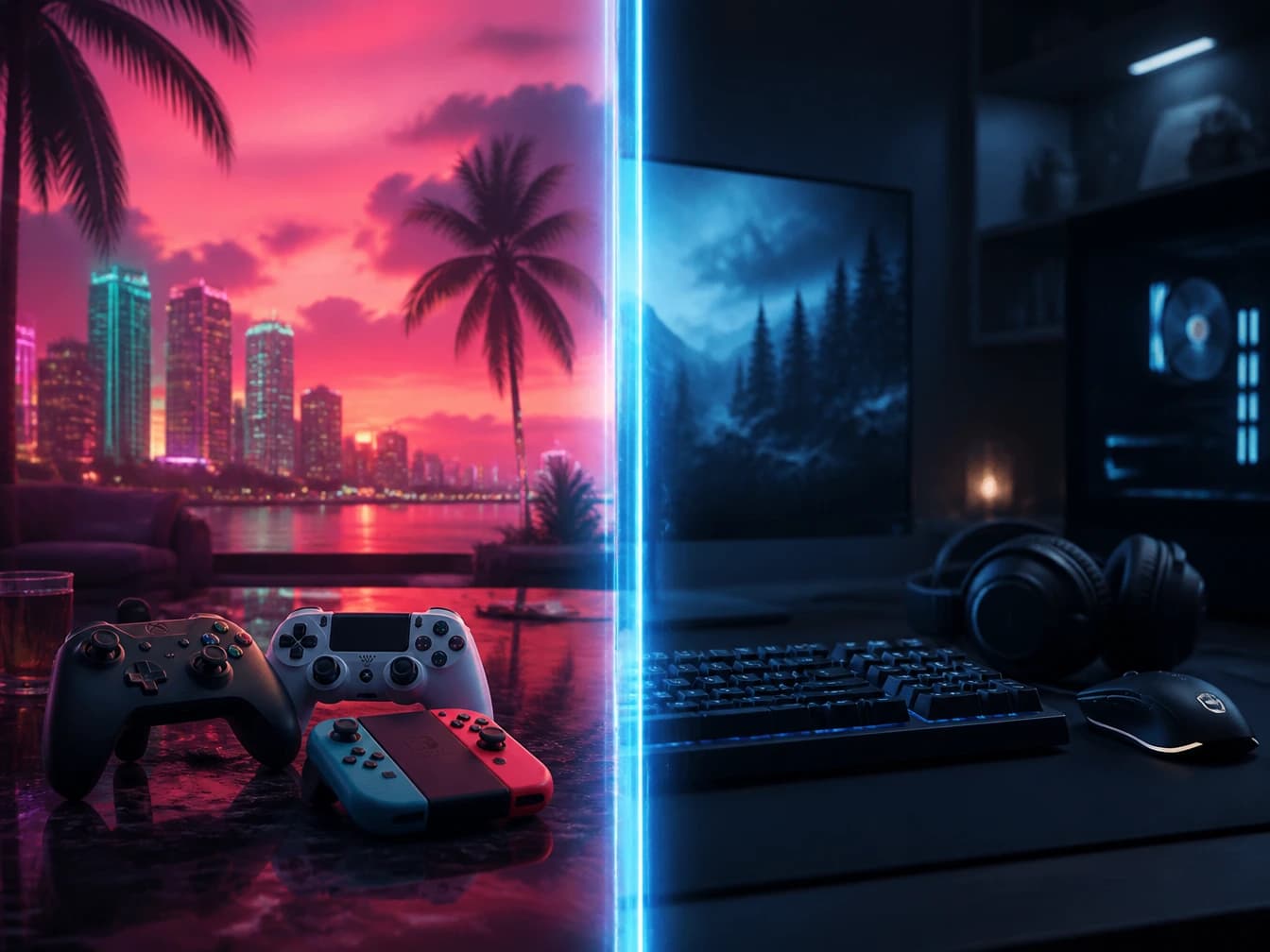GTA 6 key art split between a PS5/Xbox controller and a PC setup, representing the console-first launch and delayed PC version.
