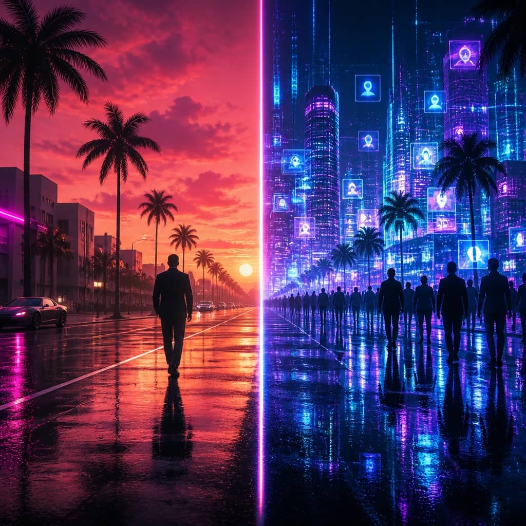 Ein GTA-6-Screenshot neben einer neonfarbenen GTA-Online-artigen Skyline, die die Debatte um einen eigenen Online-Modus verbildlicht.
