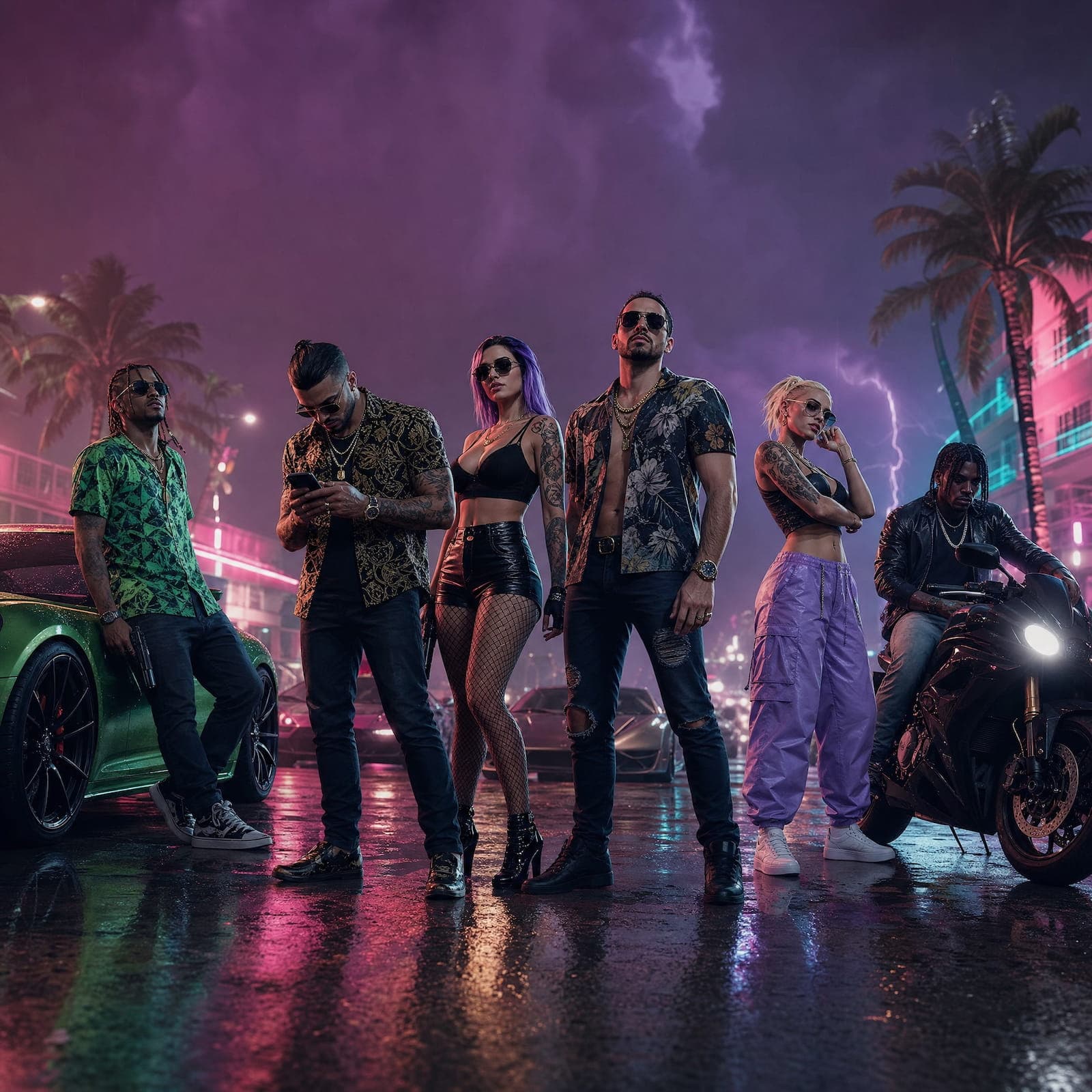 Dois personagens jogáveis de GTA 6 de costas um para o outro numa rua de Vice City iluminada por neon à noite, evocando o multijogador do GTA Online
