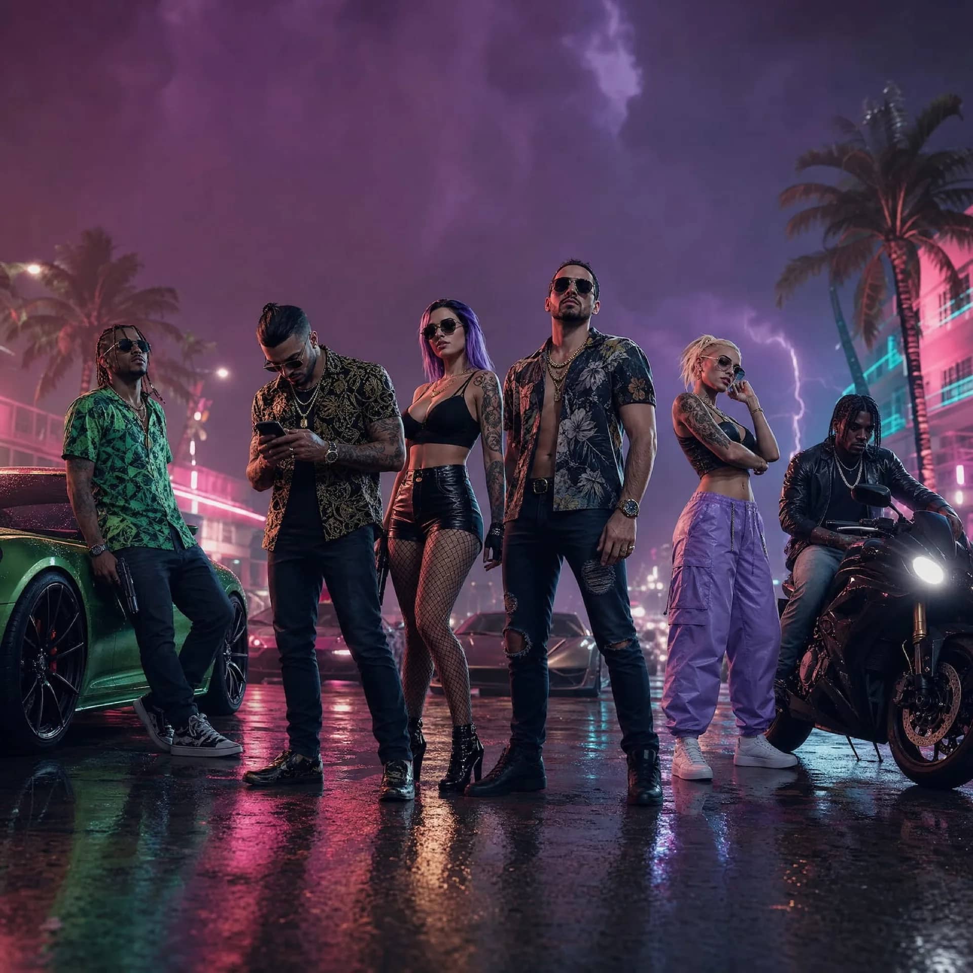 Two GTA 6 player characters standing back-to-back in a neon-lit Vice City street at night, evoking GTA Online multiplayer