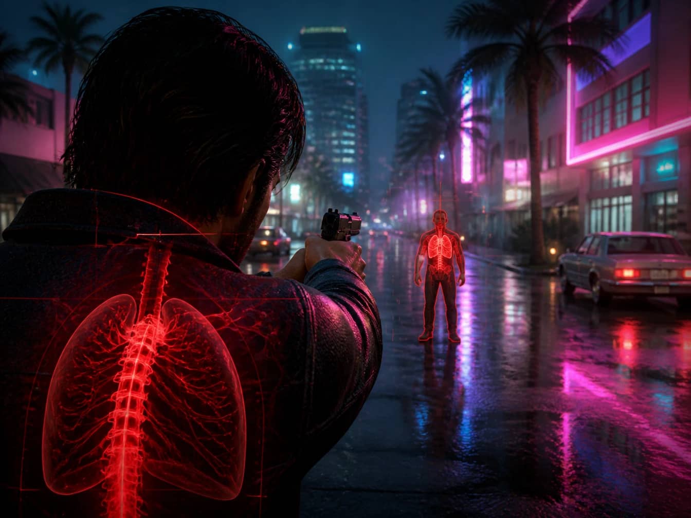 GTA 6 key art of a Dead Eye-style vital organ targeting overlay over a neon Vice City street, illustrating the RDR2-style organ damage system fans want in GTA 6