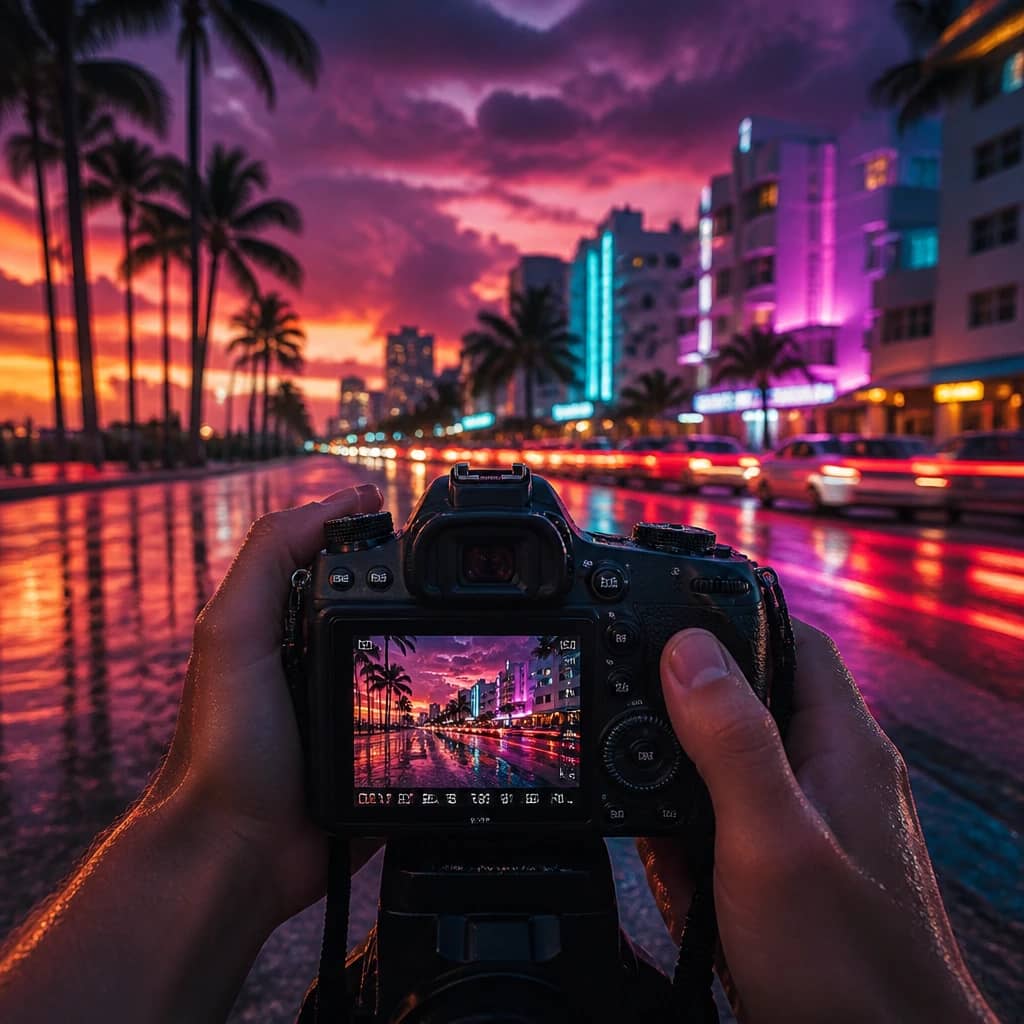 A DSLR-style camera held up against Vice City's neon skyline, GTA 6 photo mode concept art