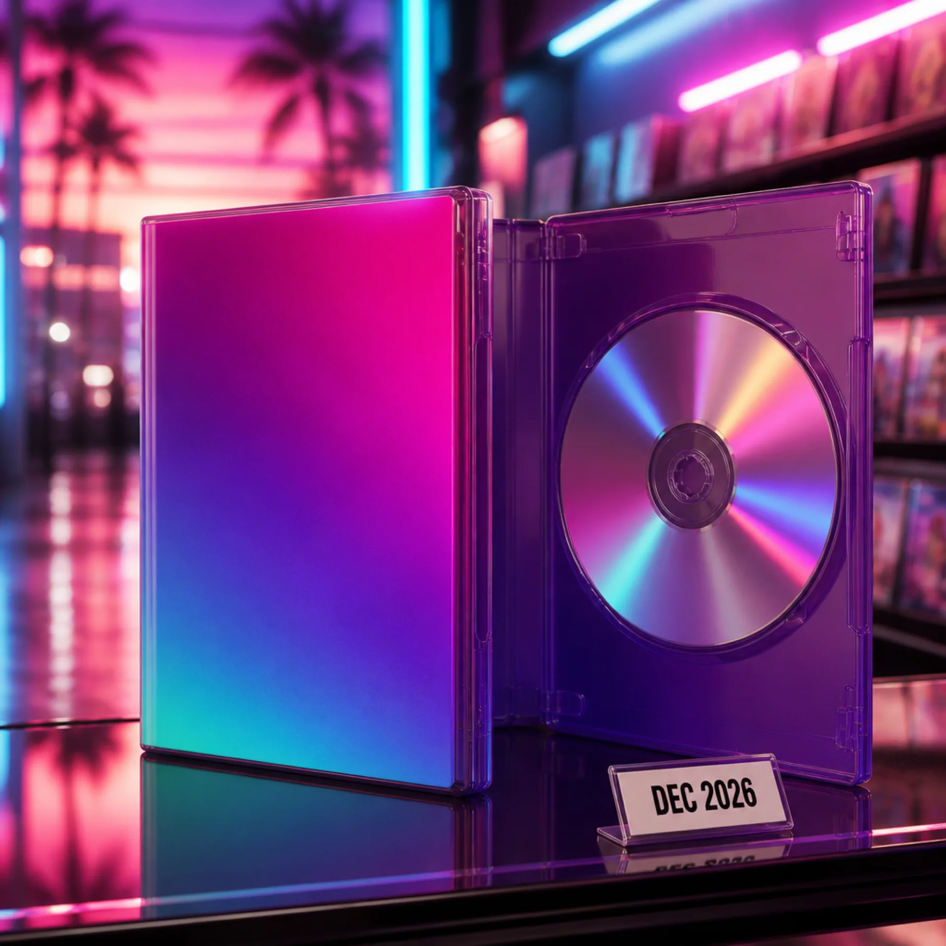GTA 6 physical disc case for PS5 and Xbox on a store shelf bathed in neon Vice City light